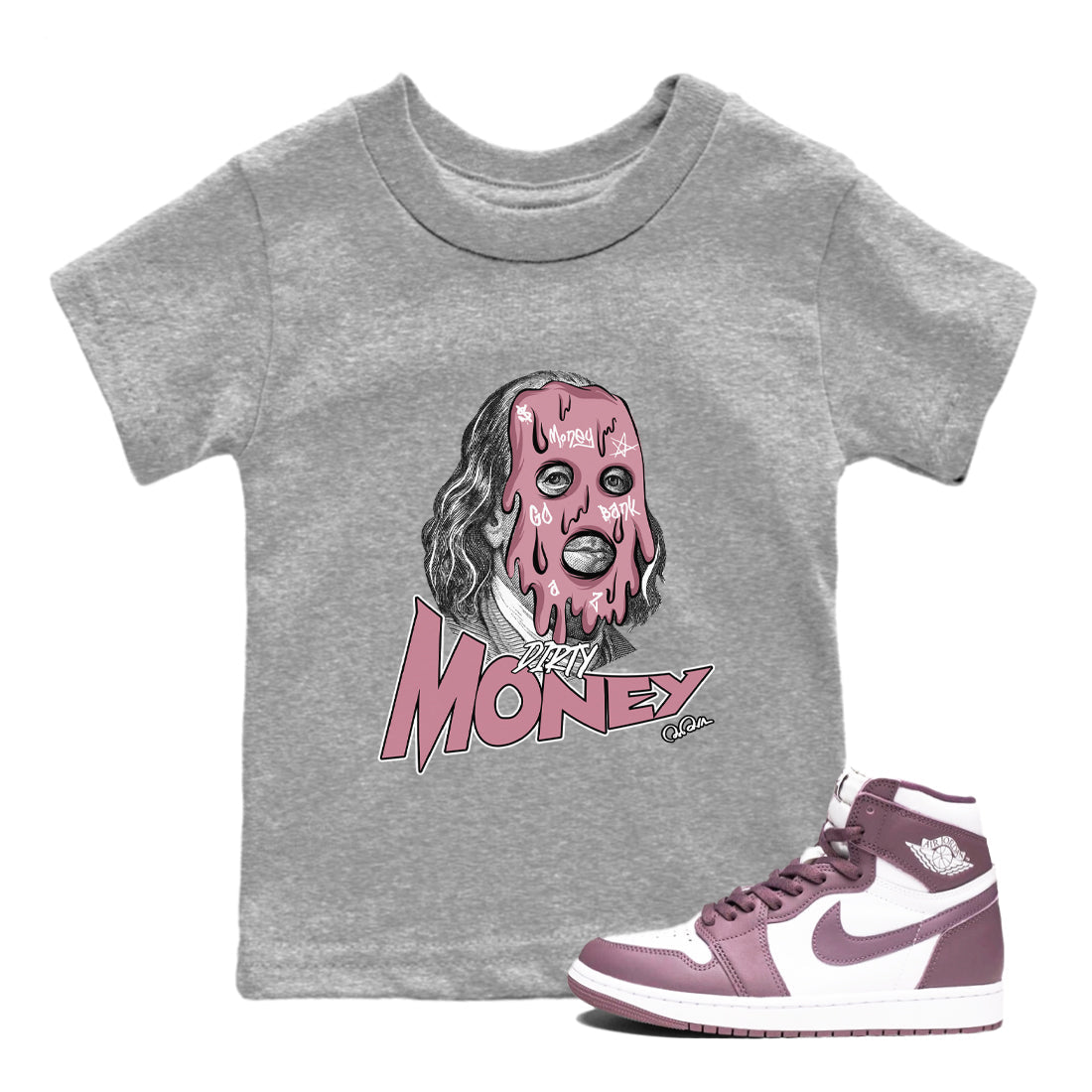 Air Jordan 1 Mauve shirt to match jordans Dirty Money sneaker tees AJ1Mauve SNRT Sneaker Release Tees Baby Toddler Heather Grey 1 T-Shirt