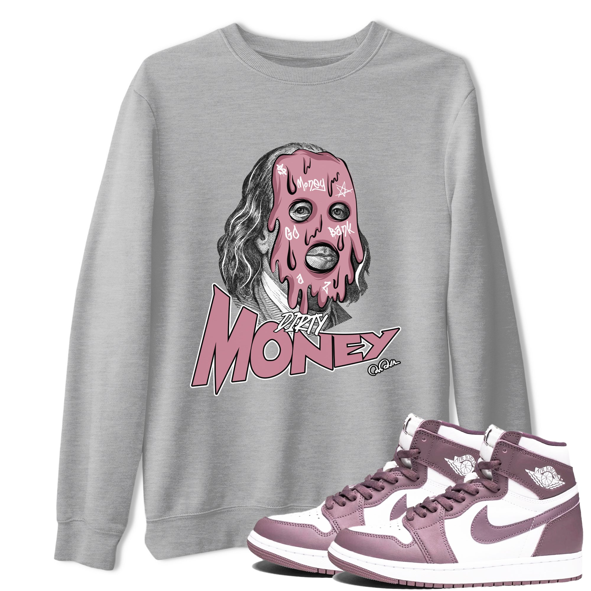 Air Jordan 1 Mauve shirt to match jordans Dirty Money sneaker tees AJ1Mauve SNRT Sneaker Release Tees Unisex Heather Grey 1 T-Shirt