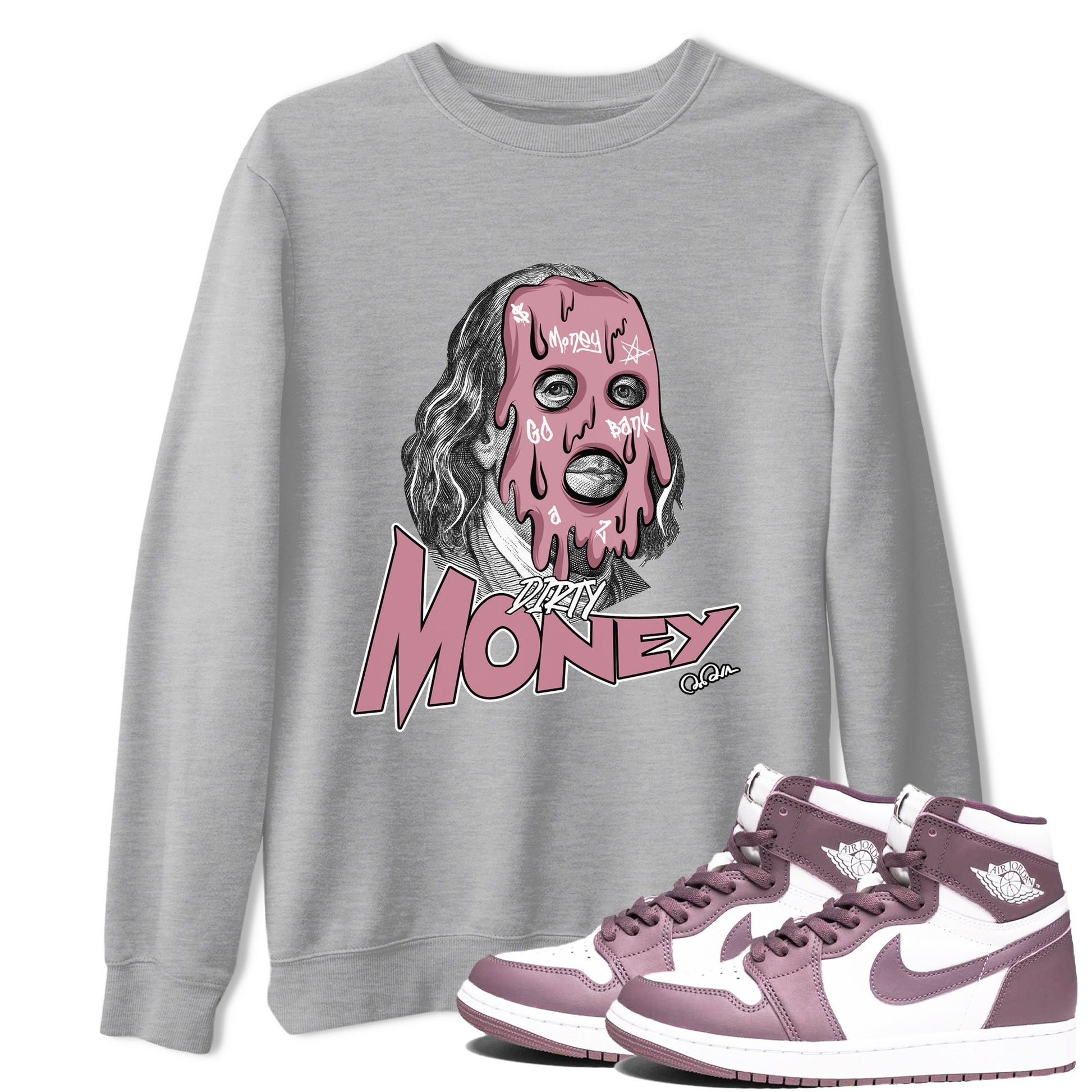 Air Jordan 1 Mauve shirt to match jordans Dirty Money sneaker tees AJ1Mauve SNRT Sneaker Release Tees Unisex Heather Grey 1 T-Shirt