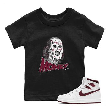 1s Metallic Burgundy shirt to match jordans Dirty Money sneaker tees AJ1 Metallic Burgundy SNRT Sneaker Release Tees Baby Toddler Black 1 T-Shirt