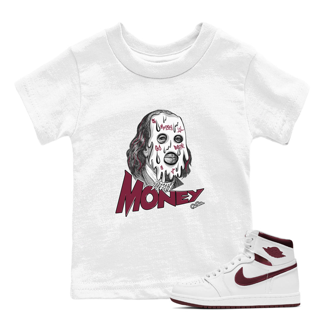 1s Metallic Burgundy shirt to match jordans Dirty Money sneaker tees AJ1 Metallic Burgundy SNRT Sneaker Release Tees Baby Toddler White 1 T-Shirt