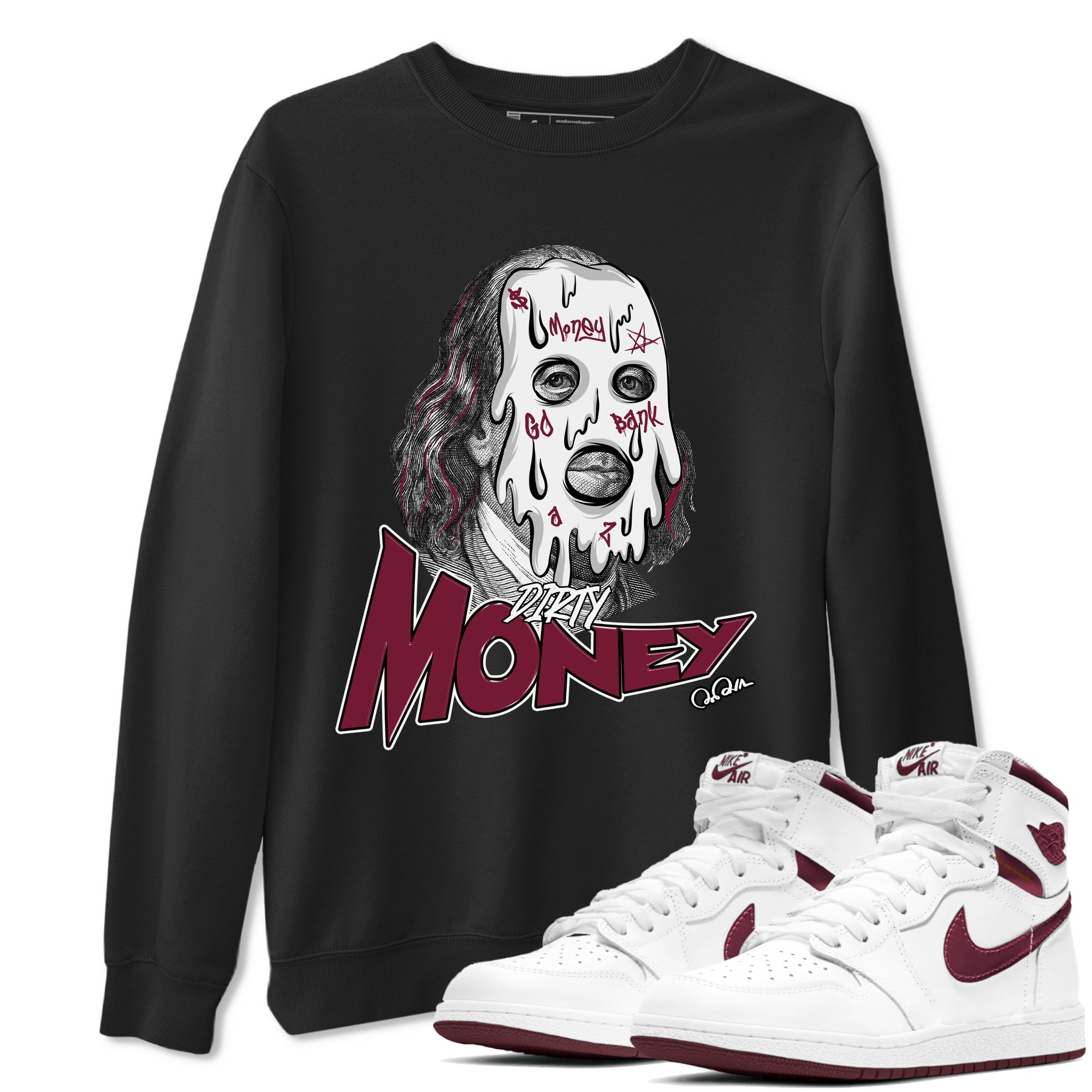 1s Metallic Burgundy shirt to match jordans Dirty Money sneaker tees AJ1 Metallic Burgundy SNRT Sneaker Release Tees Unisex Black 1 T-Shirt