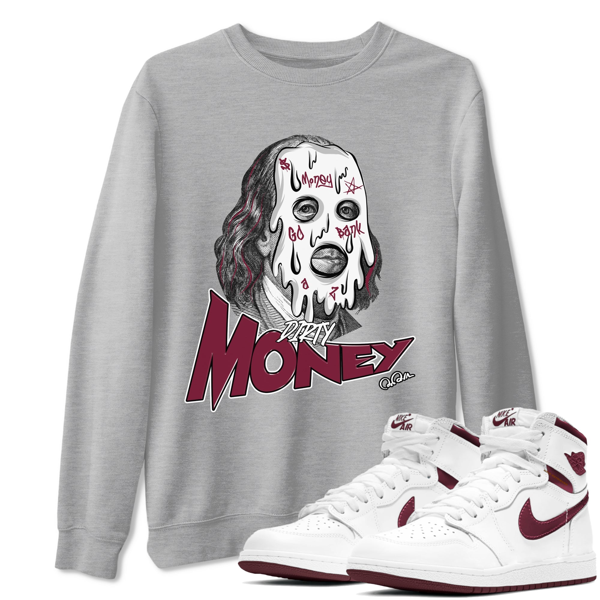 1s Metallic Burgundy shirt to match jordans Dirty Money sneaker tees AJ1 Metallic Burgundy SNRT Sneaker Release Tees Unisex Heather Grey 1 T-Shirt