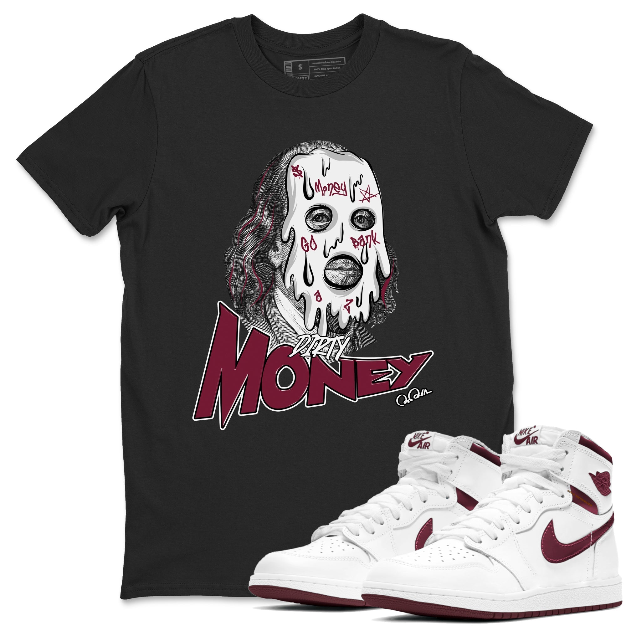 1s Metallic Burgundy shirt to match jordans Dirty Money sneaker tees AJ1 Metallic Burgundy SNRT Sneaker Release Tees Unisex Black 1 T-Shirt