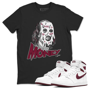 1s Metallic Burgundy shirt to match jordans Dirty Money sneaker tees AJ1 Metallic Burgundy SNRT Sneaker Release Tees Unisex Black 1 T-Shirt