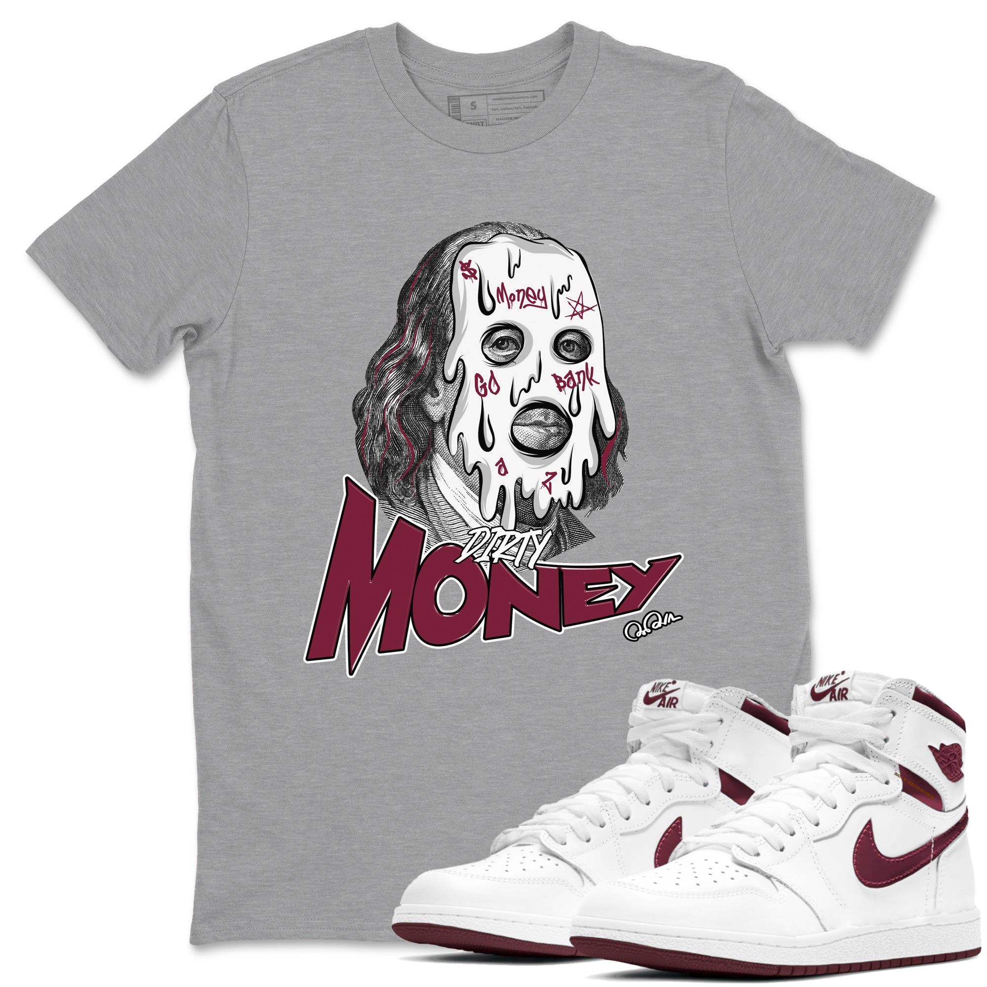 1s Metallic Burgundy shirt to match jordans Dirty Money sneaker tees AJ1 Metallic Burgundy SNRT Sneaker Release Tees Unisex Heather Grey 1 T-Shirt