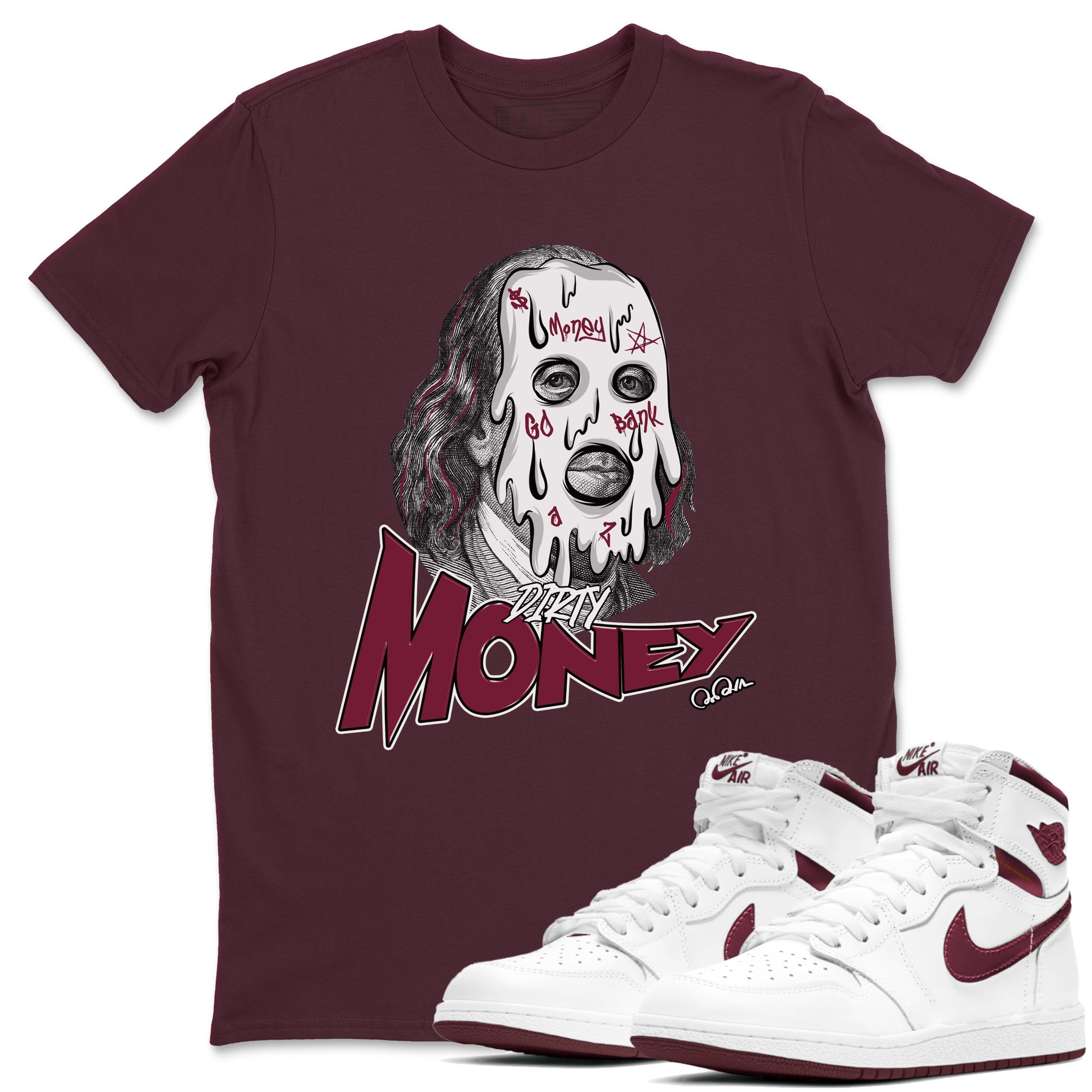 1s Metallic Burgundy shirt to match jordans Dirty Money sneaker tees AJ1 Metallic Burgundy SNRT Sneaker Release Tees Unisex Maroon 1 T-Shirt
