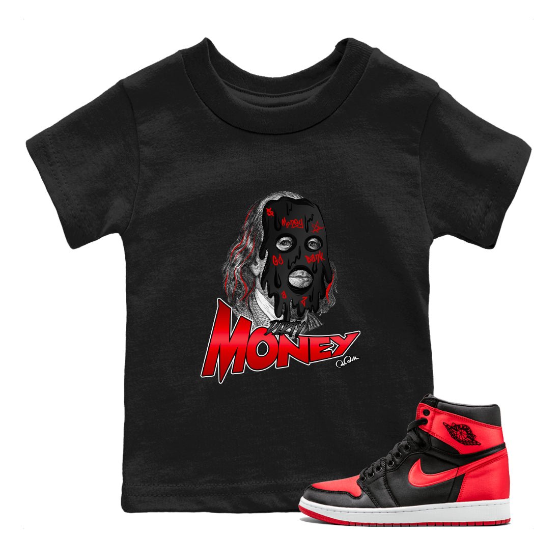 Air Jordan 1 Satin Bred Sneaker Match Tees Dirty Money Sneaker Tees AJ1 Satin Bred Sneaker Release Tees Kids Shirts Black 1