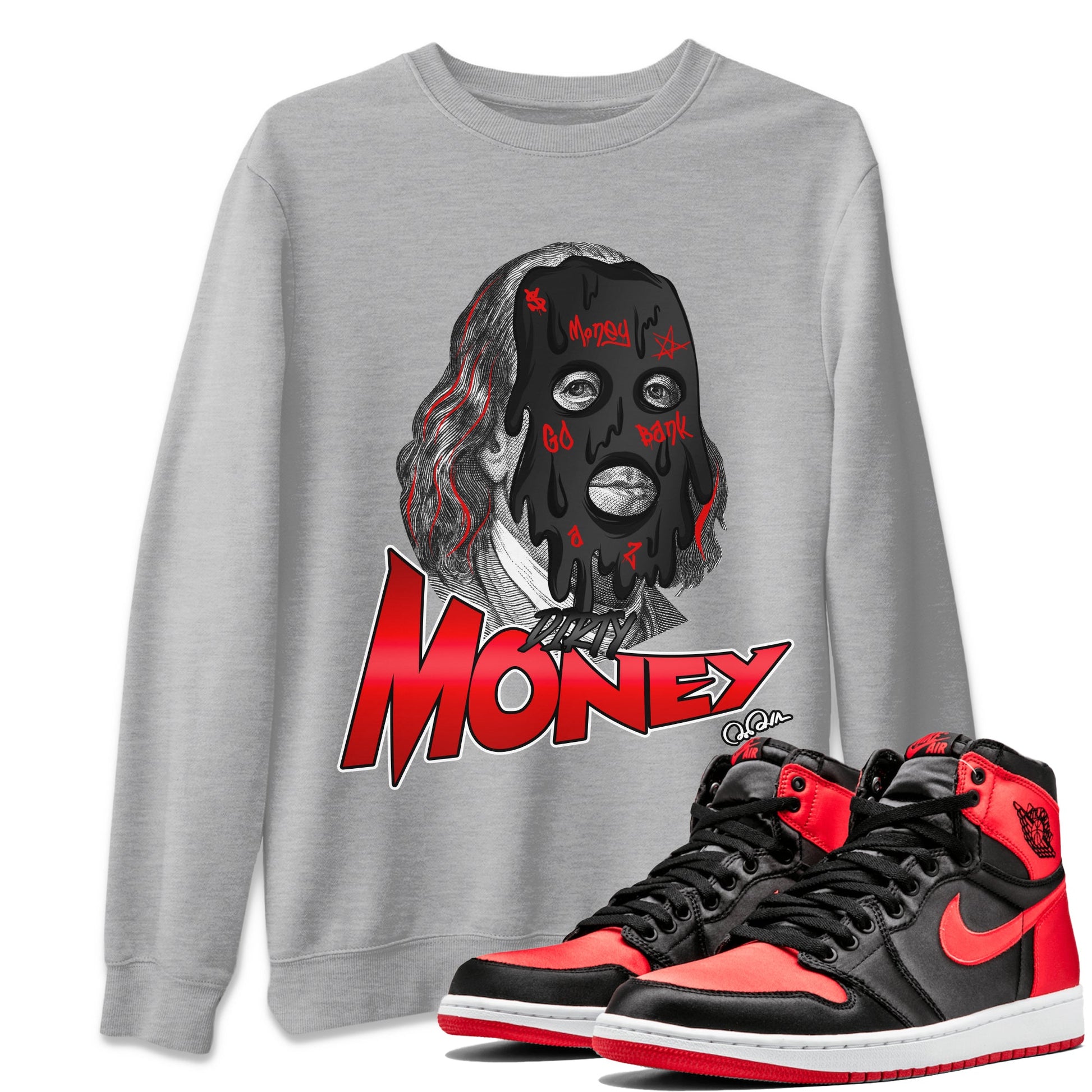 Air Jordan 1 Satin Bred Sneaker Match Tees Dirty Money Sneaker Tees AJ1 Satin Bred Sneaker Release Tees Unisex Shirts Heather Grey 1