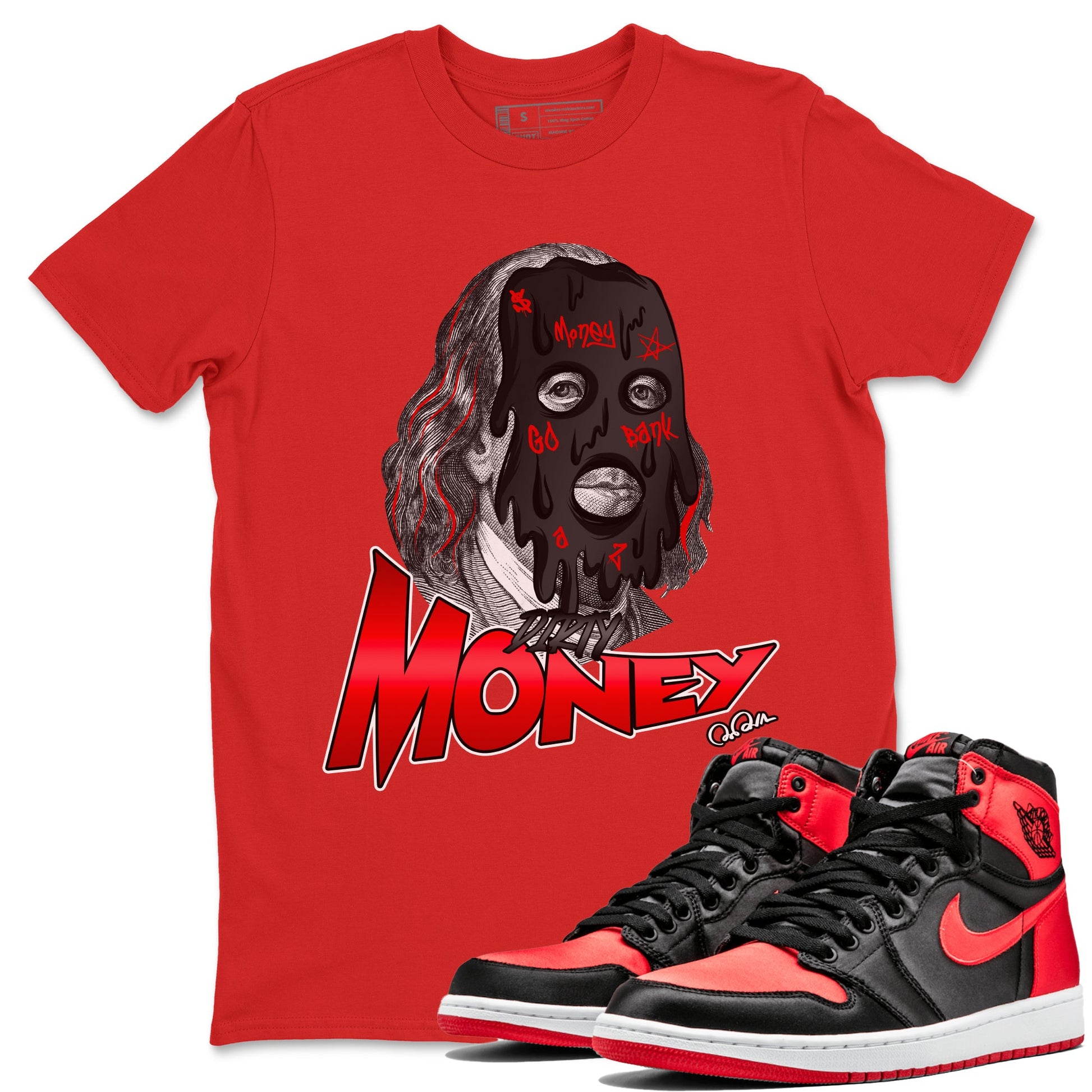 Air Jordan 1 Satin Bred Sneaker Match Tees Dirty Money Sneaker Tees AJ1 Satin Bred Sneaker Release Tees Unisex Shirts Red 1