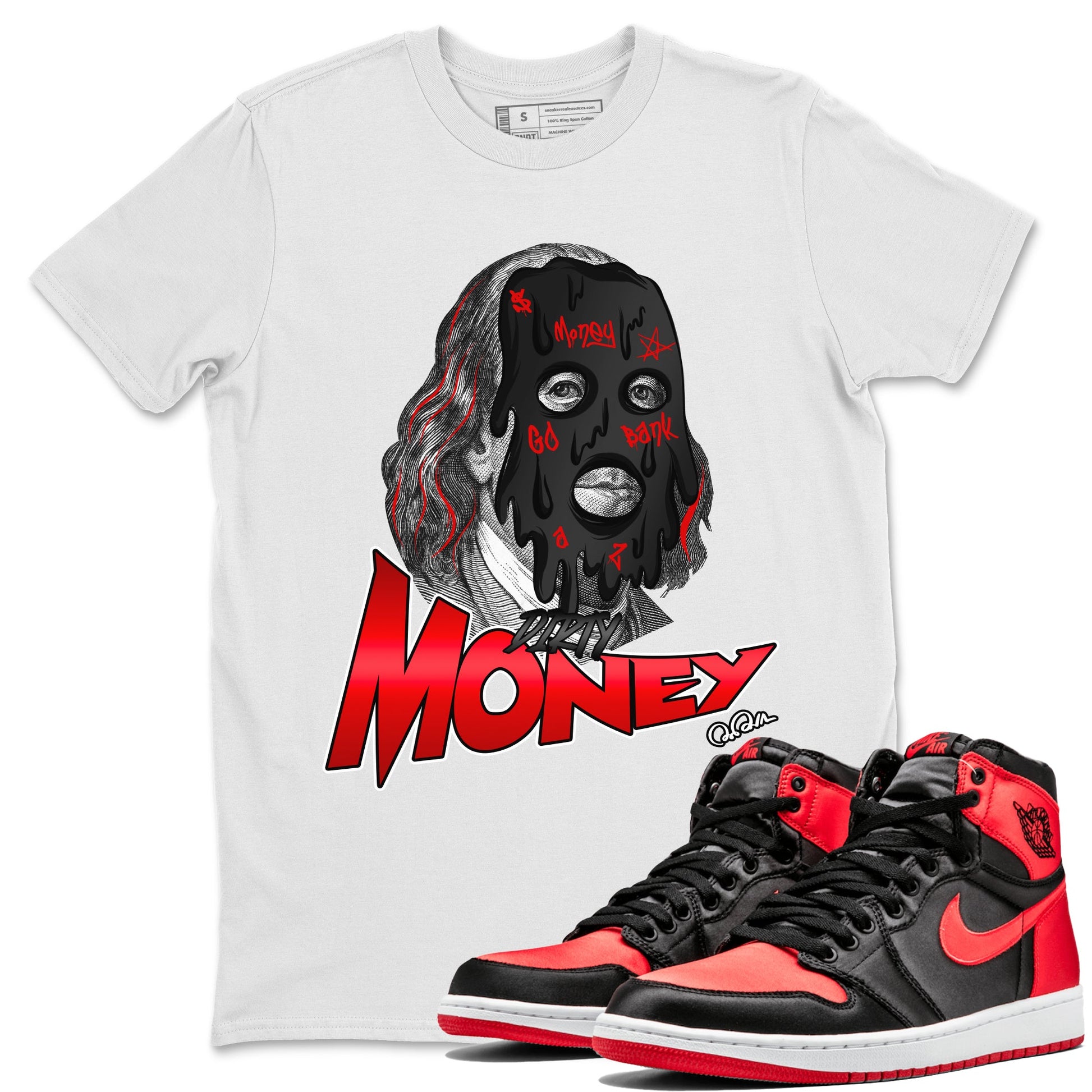 Air Jordan 1 Satin Bred Sneaker Match Tees Dirty Money Sneaker Tees AJ1 Satin Bred Sneaker Release Tees Unisex Shirts White 1
