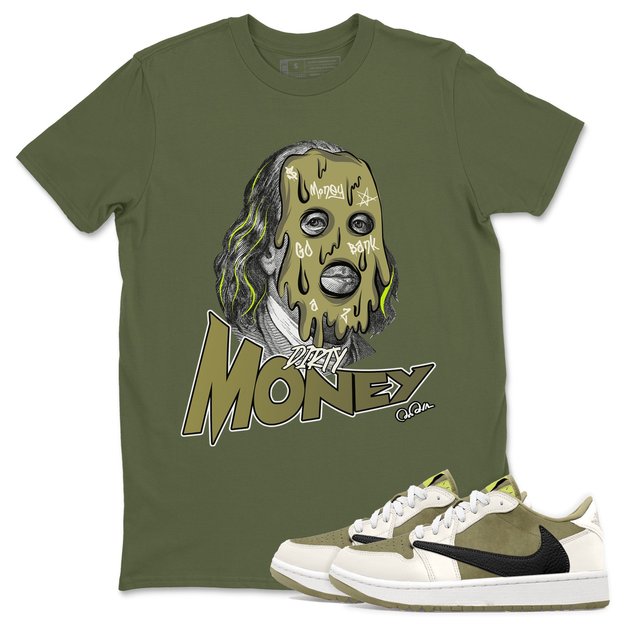Air Jordan 1 Travis Scott Golf shirt to match jordans Dirty Money sneaker tees AJ1 lowTravis Scott Golf SNRT Sneaker Release Tees Unisex Military Green 1 T-Shirt