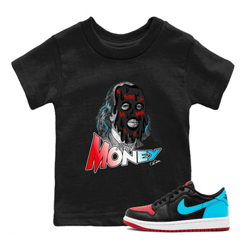 Air Jordan 1 UNC to Chicago Sneaker Match Tees Dirty Money Sneaker Tees AJ1 UNC to Chicago Sneaker Release Tees Kids Shirts Black 1