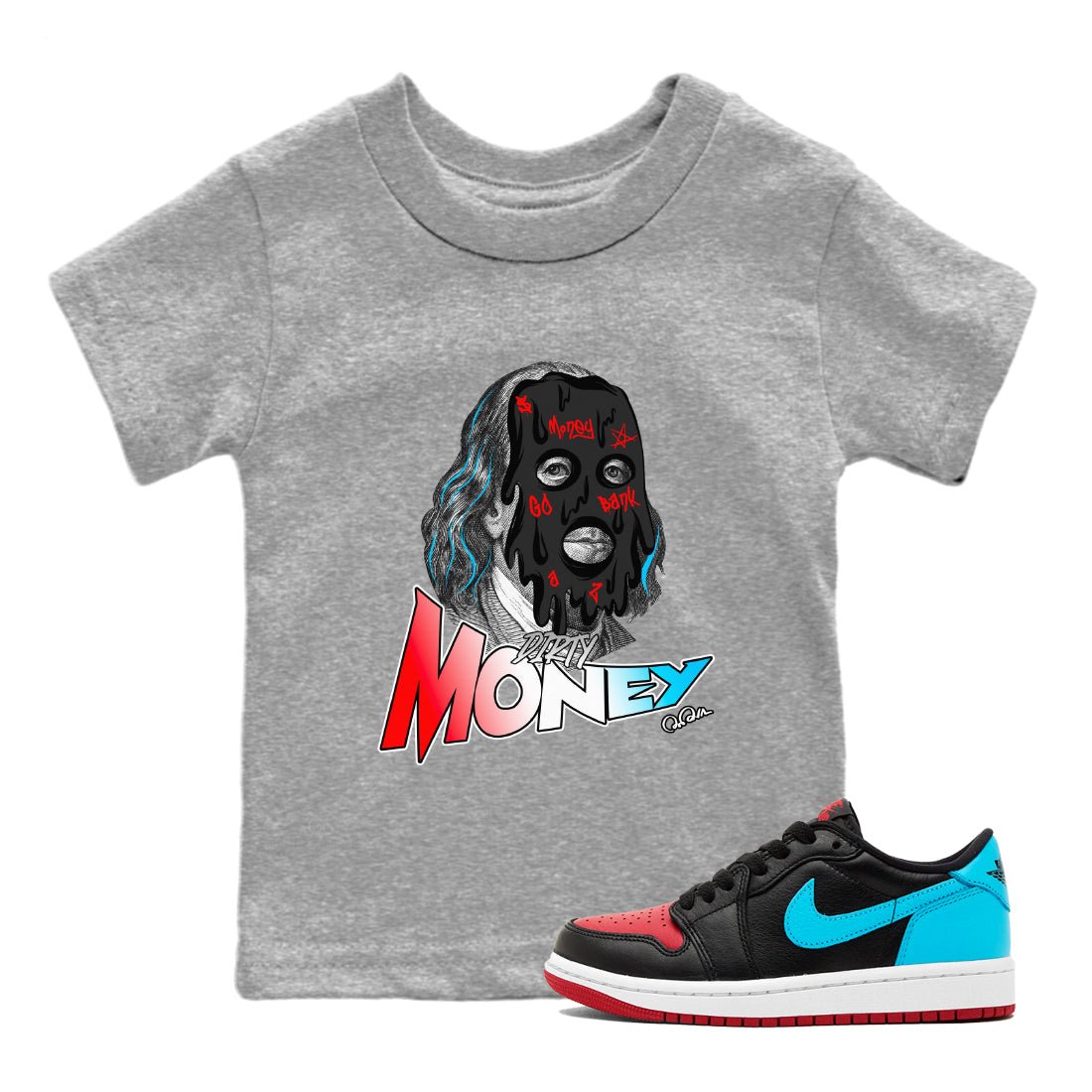Air Jordan 1 UNC to Chicago Sneaker Match Tees Dirty Money Sneaker Tees AJ1 UNC to Chicago Sneaker Release Tees Kids Shirts Heather Grey 1