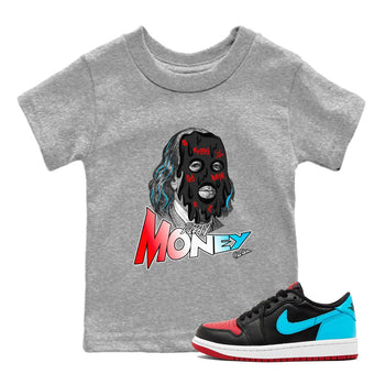 Air Jordan 1 UNC to Chicago Sneaker Match Tees Dirty Money Sneaker Tees AJ1 UNC to Chicago Sneaker Release Tees Kids Shirts Heather Grey 1