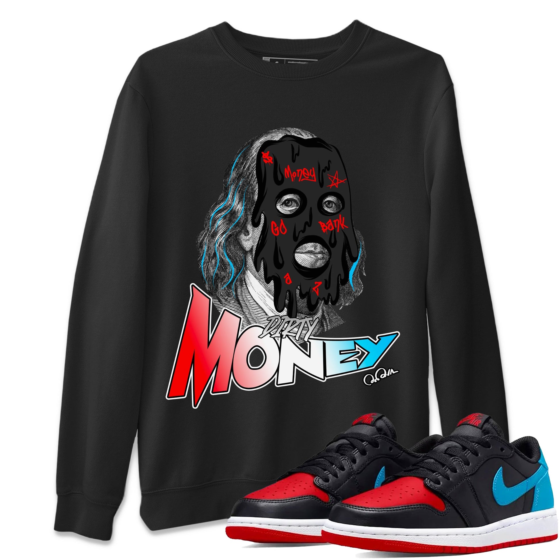 Air Jordan 1 UNC to Chicago Sneaker Match Tees Dirty Money Sneaker Tees AJ1 UNC to Chicago Sneaker Release Tees Unisex Shirts Black 1