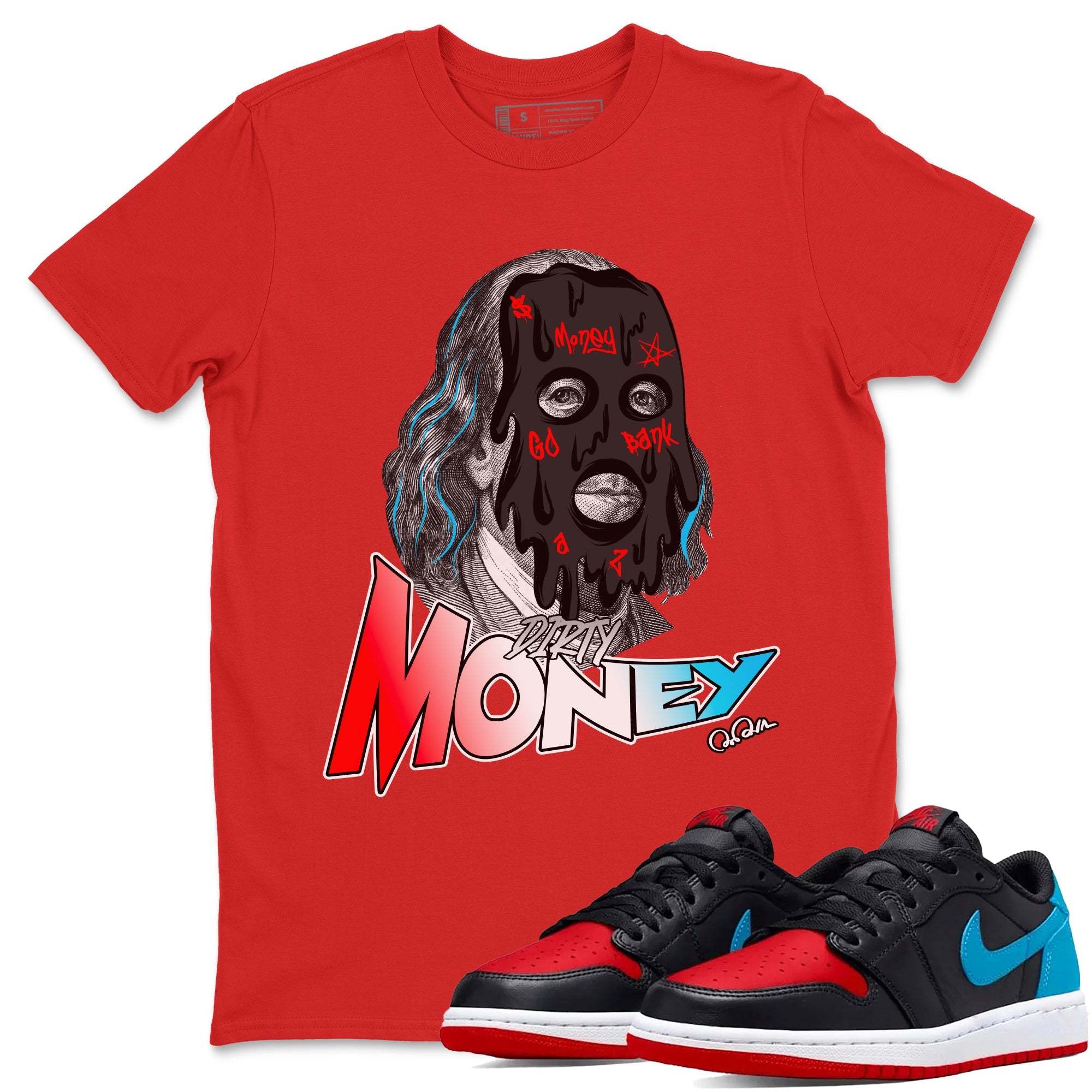 Air Jordan 1 UNC to Chicago Sneaker Match Tees Dirty Money Sneaker Tees AJ1 UNC to Chicago Sneaker Release Tees Unisex Shirts Red 1