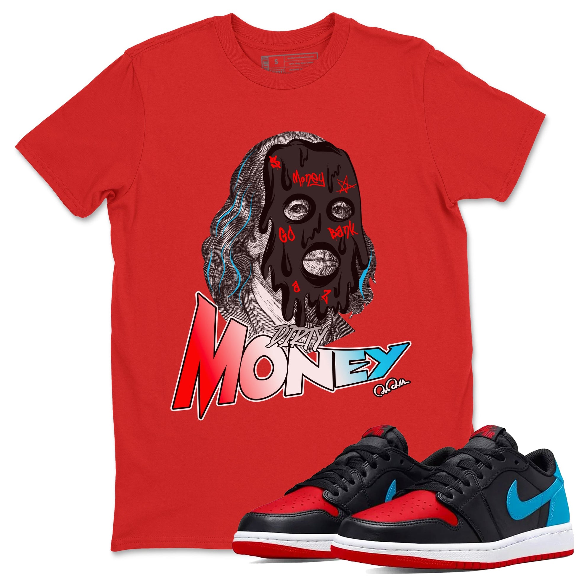 Air Jordan 1 UNC to Chicago Sneaker Match Tees Dirty Money Sneaker Tees AJ1 UNC to Chicago Sneaker Release Tees Unisex Shirts Red 1
