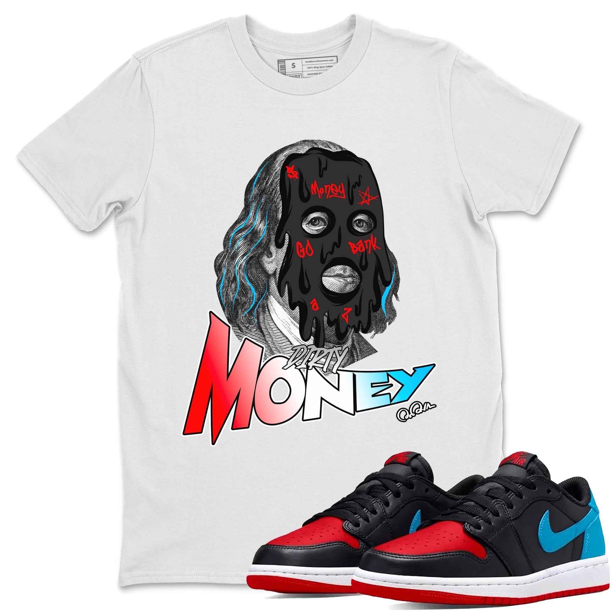 Air Jordan 1 UNC to Chicago Sneaker Match Tees Dirty Money Sneaker Tees AJ1 UNC to Chicago Sneaker Release Tees Unisex Shirts White 1