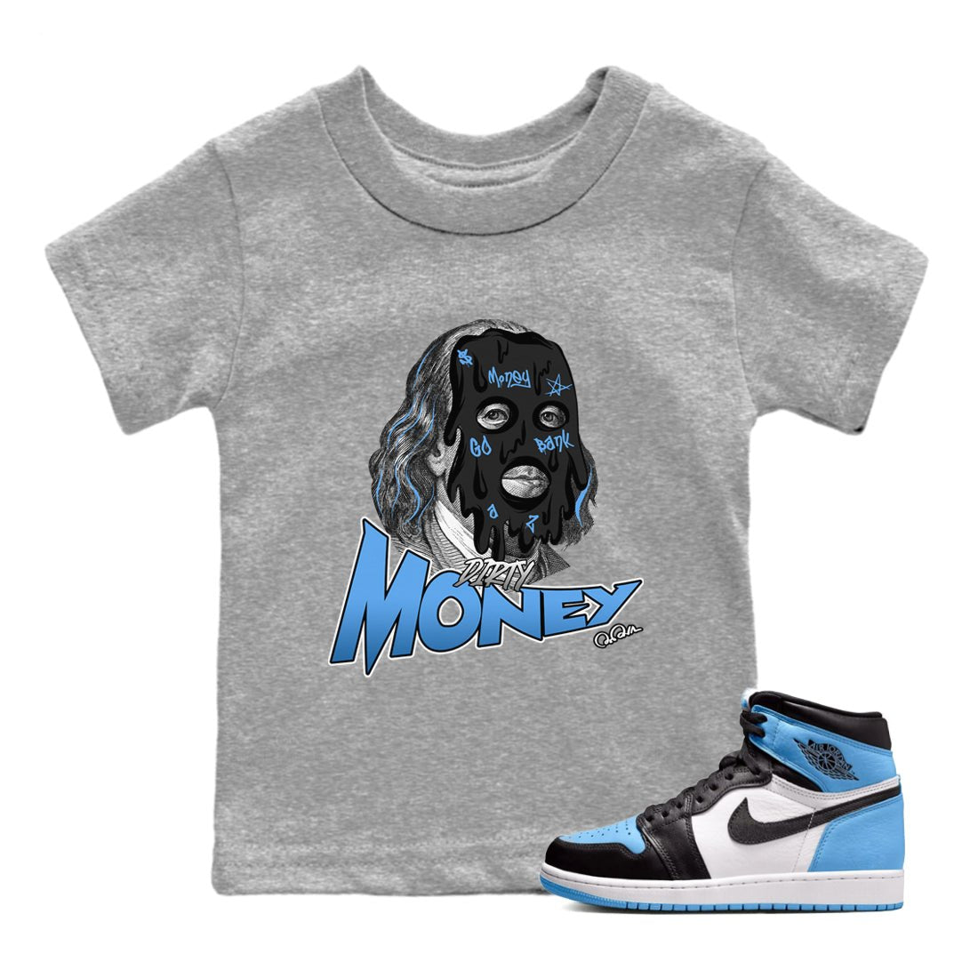 Air Jordan 1 Retro High OG UNC Toe Shirt to match Jordans Dirty Money Sneaker Tees 1s UNC Toe SNRT Sneaker Release Tees Kids and Baby Tees Heather Grey 1