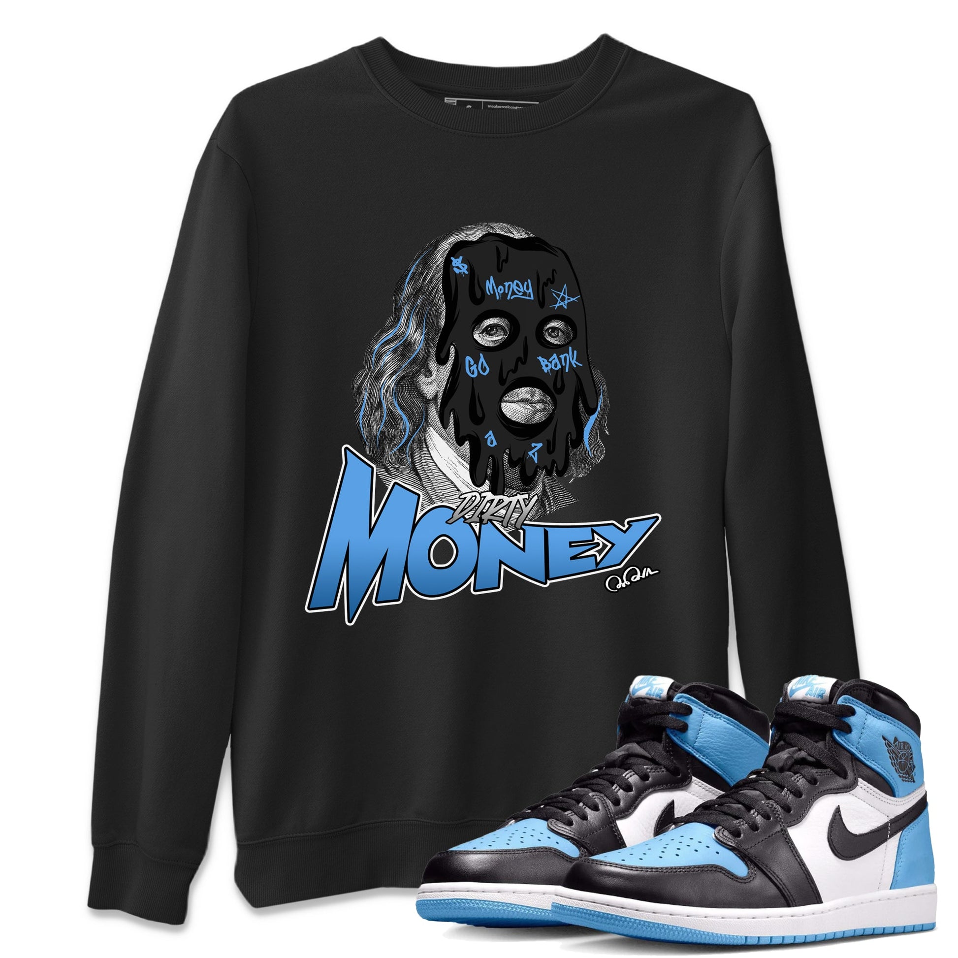 Air Jordan 1 Retro High OG UNC Toe Shirt to match Jordans Dirty Money Sneaker Tees 1s UNC Toe SNRT Sneaker Release Tees Crew Neck T-Shirts Black 1
