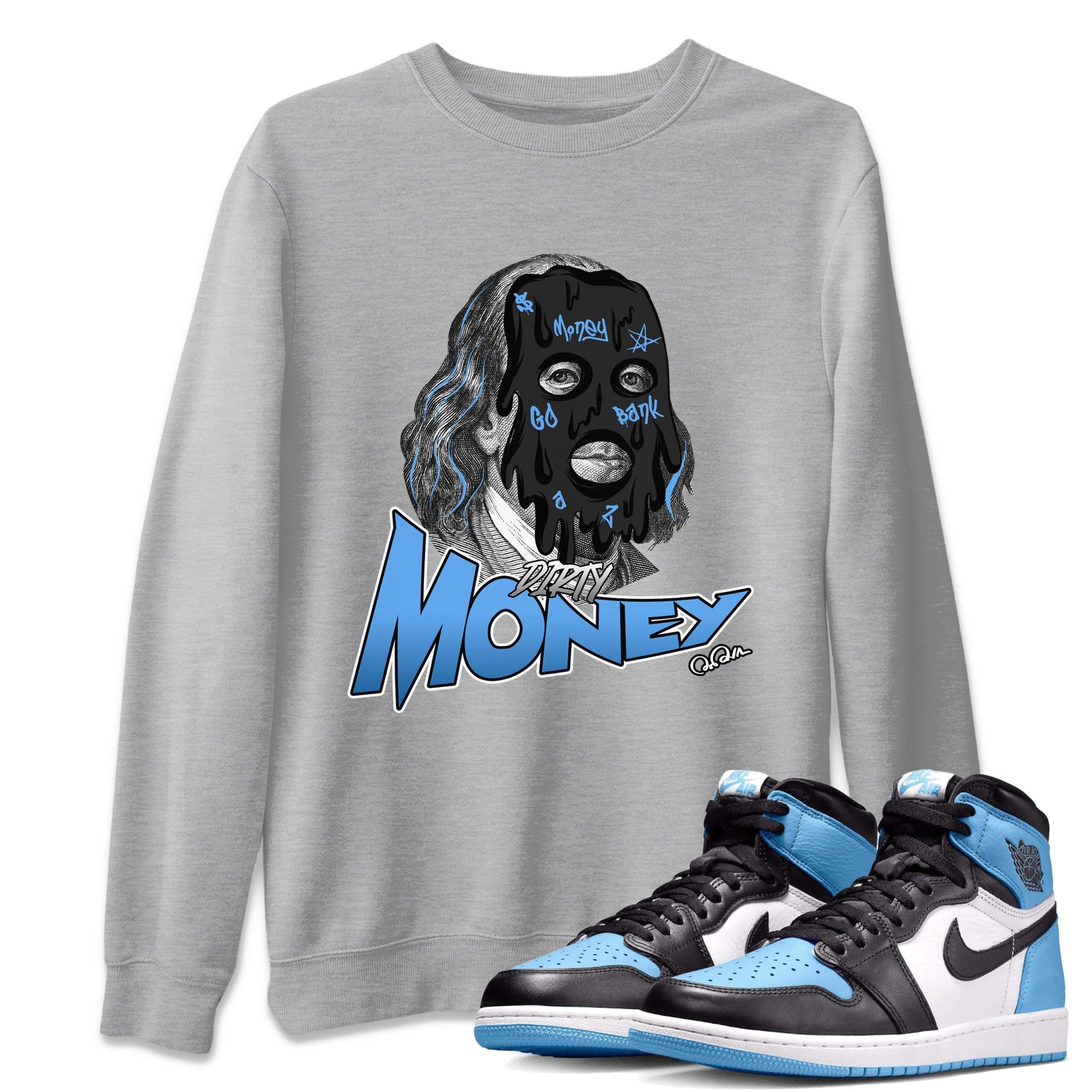 Air Jordan 1 Retro High OG UNC Toe Shirt to match Jordans Dirty Money Sneaker Tees 1s UNC Toe SNRT Sneaker Release Tees Crew Neck T-Shirts Heather Grey 1