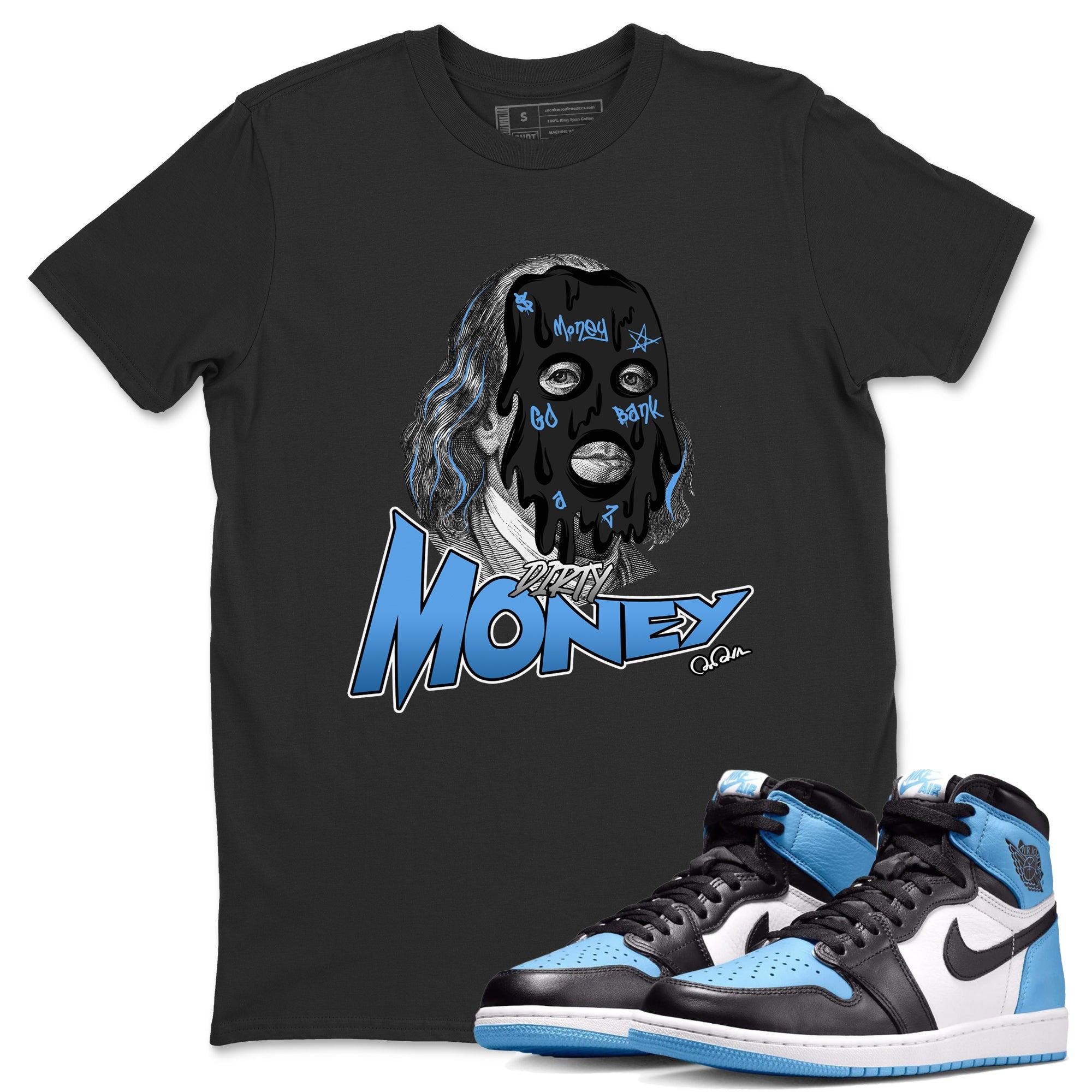 Air Jordan 1 Retro High OG UNC Toe Shirt to match Jordans Dirty Money Sneaker Tees 1s UNC Toe SNRT Sneaker Release Tees Crew Neck T-Shirts Black 1