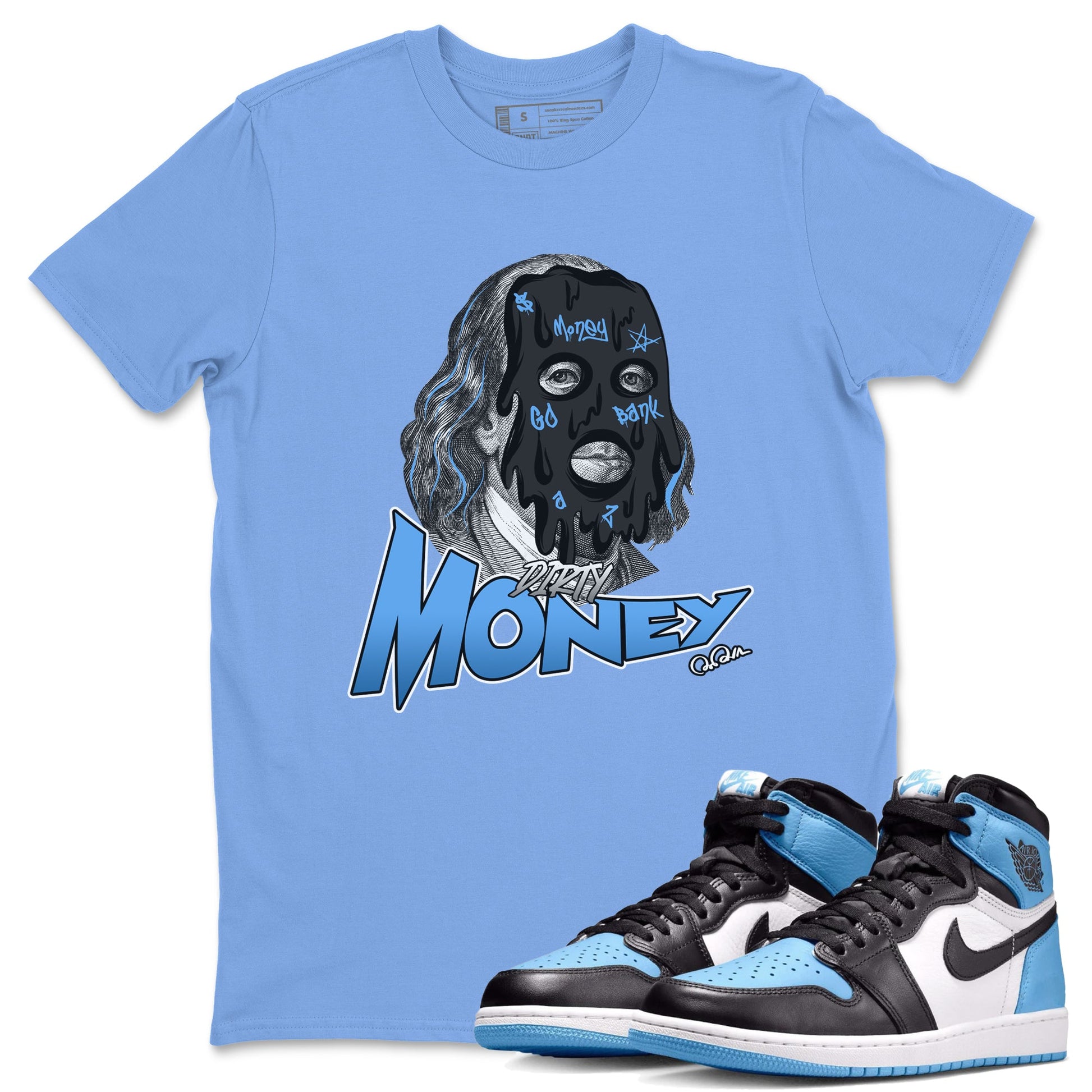 Air Jordan 1 Retro High OG UNC Toe Shirt to match Jordans Dirty Money Sneaker Tees 1s UNC Toe SNRT Sneaker Release Tees Crew Neck T-Shirts Carolina Blue 1