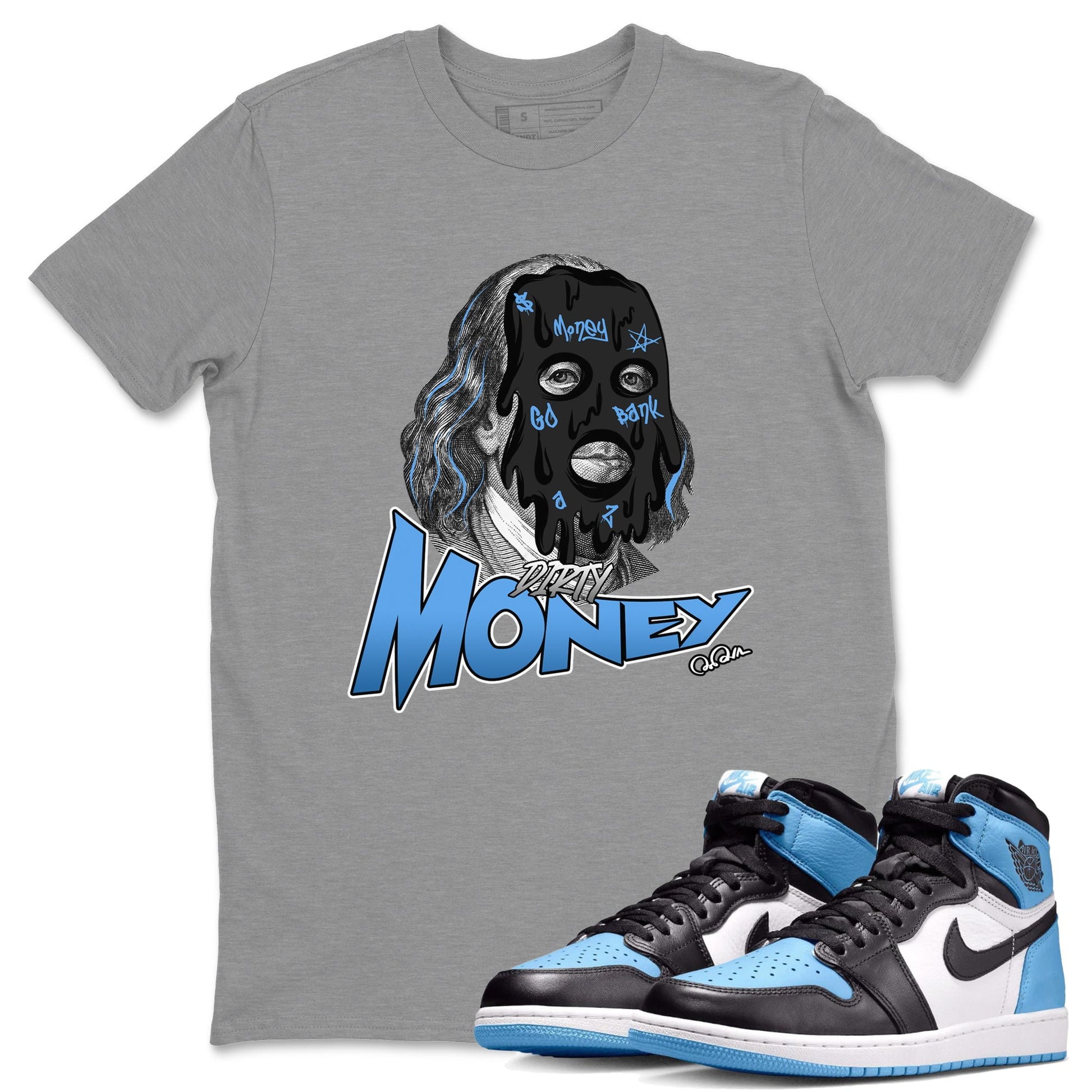 Air Jordan 1 Retro High OG UNC Toe Shirt to match Jordans Dirty Money Sneaker Tees 1s UNC Toe SNRT Sneaker Release Tees Crew Neck T-Shirts Heather Grey 1