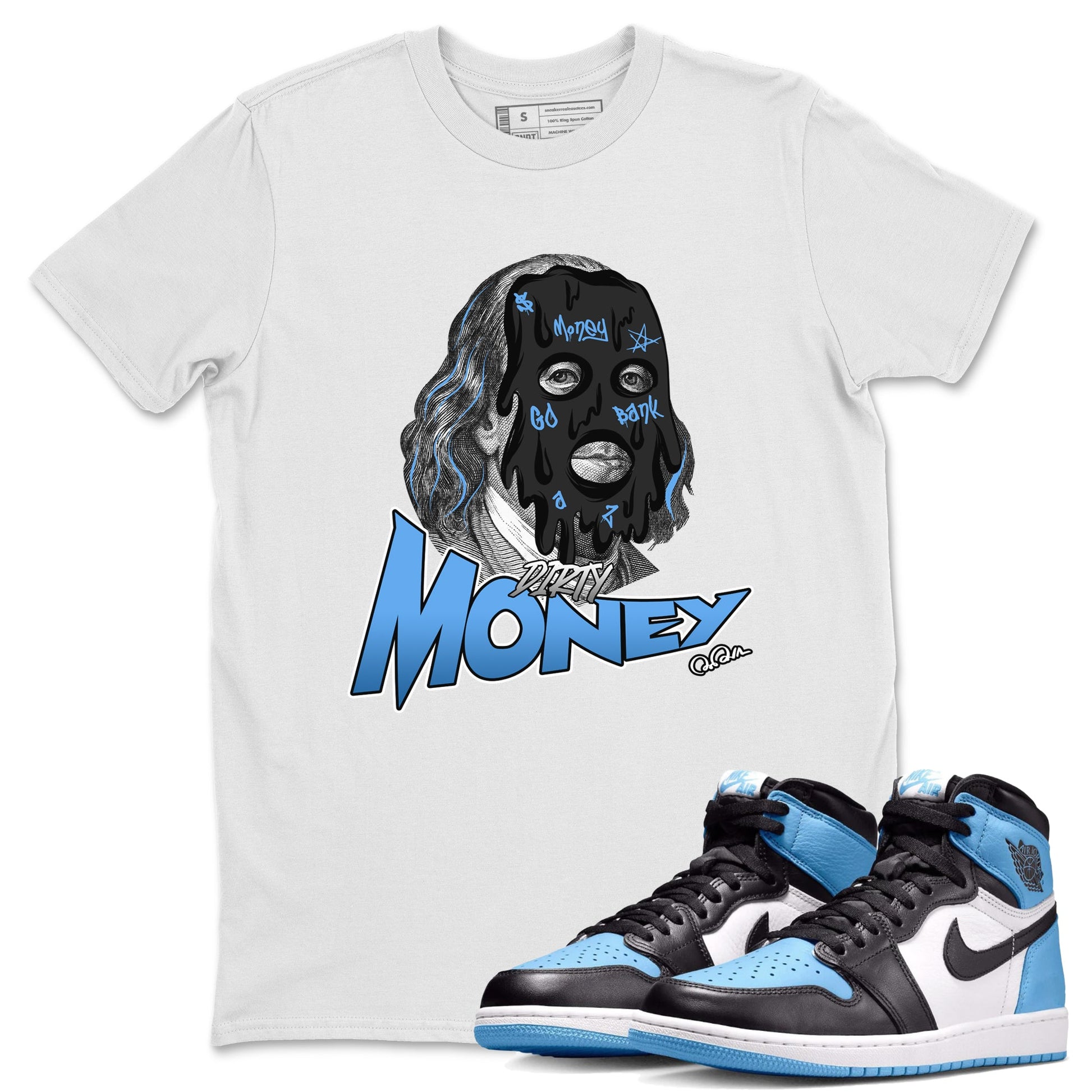 Air Jordan 1 Retro High OG UNC Toe Shirt to match Jordans Dirty Money Sneaker Tees 1s UNC Toe SNRT Sneaker Release Tees Crew Neck T-Shirts White 1