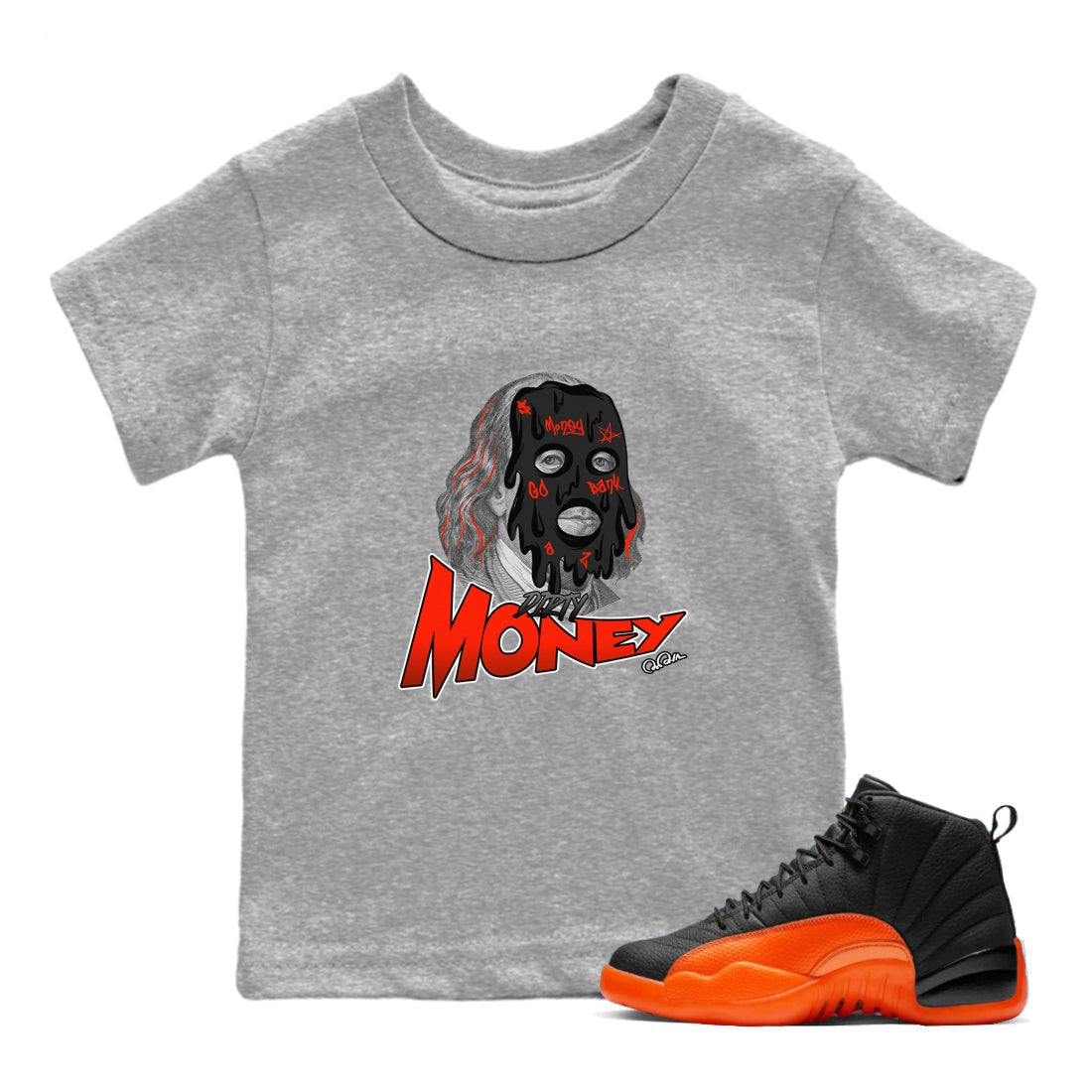 Air Jordan 12 Brilliant Orange Sneaker Match Tees Dirty Money Sneaker Tees AJ12 Brilliant Orange Sneaker Release Tees Kids Shirts Heather Grey 1