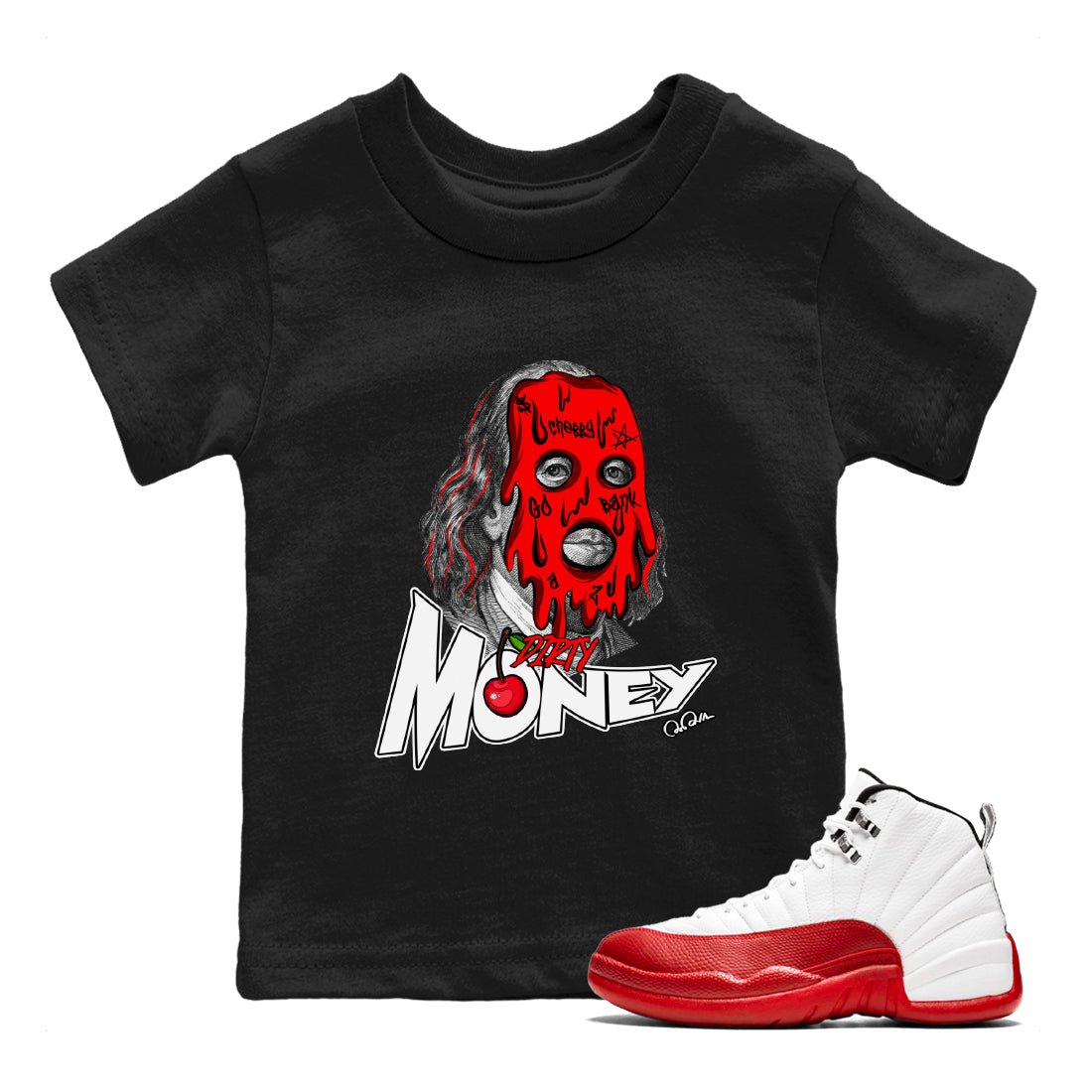 Air Jordan 12 Cherry Sneaker Match Tees Dirty Money Sneaker Tees AJ12 Cherry Sneaker Release Tees Kids Shirts Black 1