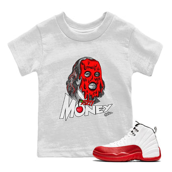 Air Jordan 12 Cherry Sneaker Match Tees Dirty Money Sneaker Tees AJ12 Cherry Sneaker Release Tees Kids Shirts White 1