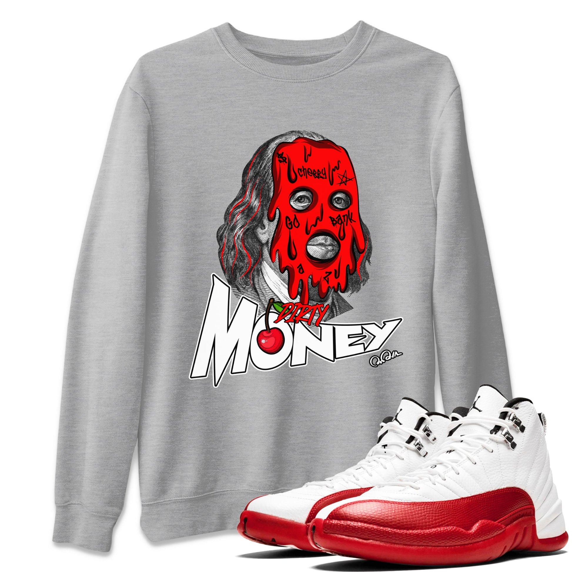 Air Jordan 12 Cherry Sneaker Match Tees Dirty Money Sneaker Tees AJ12 Cherry Sneaker Release Tees Unisex Shirts Heather Grey 1