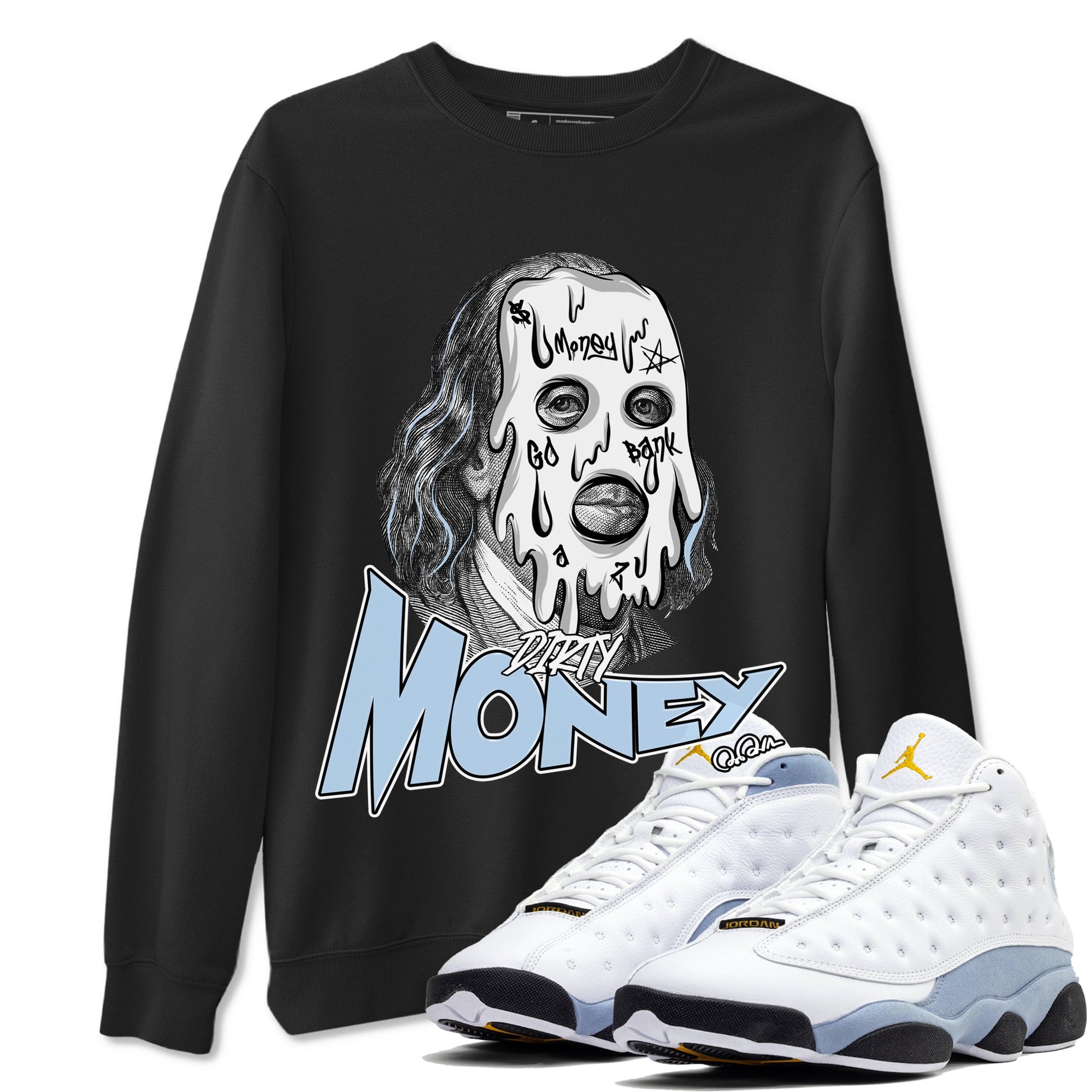 Air Jordan 13 Blue Grey shirt to match jordans Dirty Money sneaker tees AJ13 Blue Grey SNRT Sneaker Release Tees unisex cotton Black 1 crew neck shirt