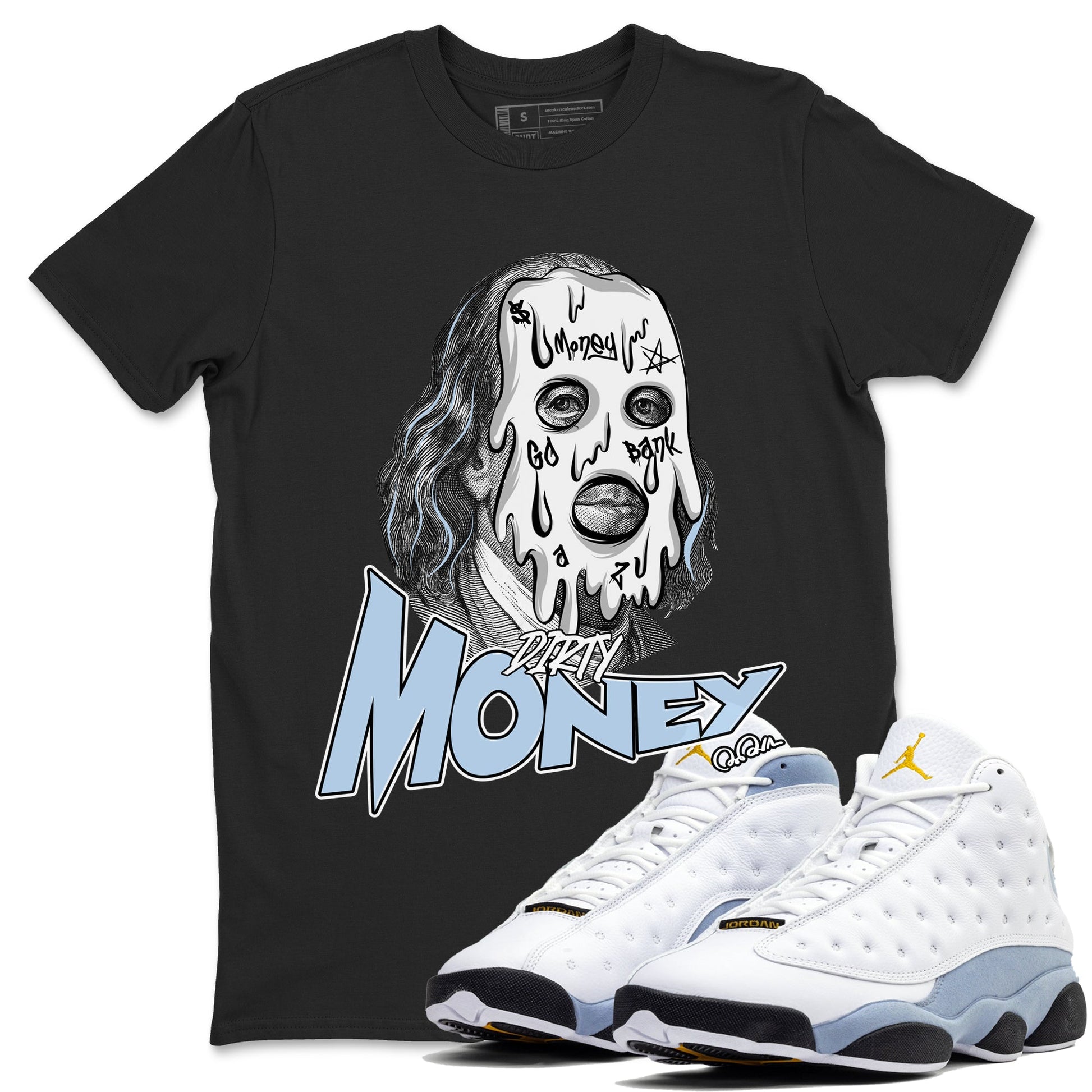 Air Jordan 13 Blue Grey shirt to match jordans Dirty Money sneaker tees AJ13 Blue Grey SNRT Sneaker Release Tees unisex cotton Black 1 crew neck shirt