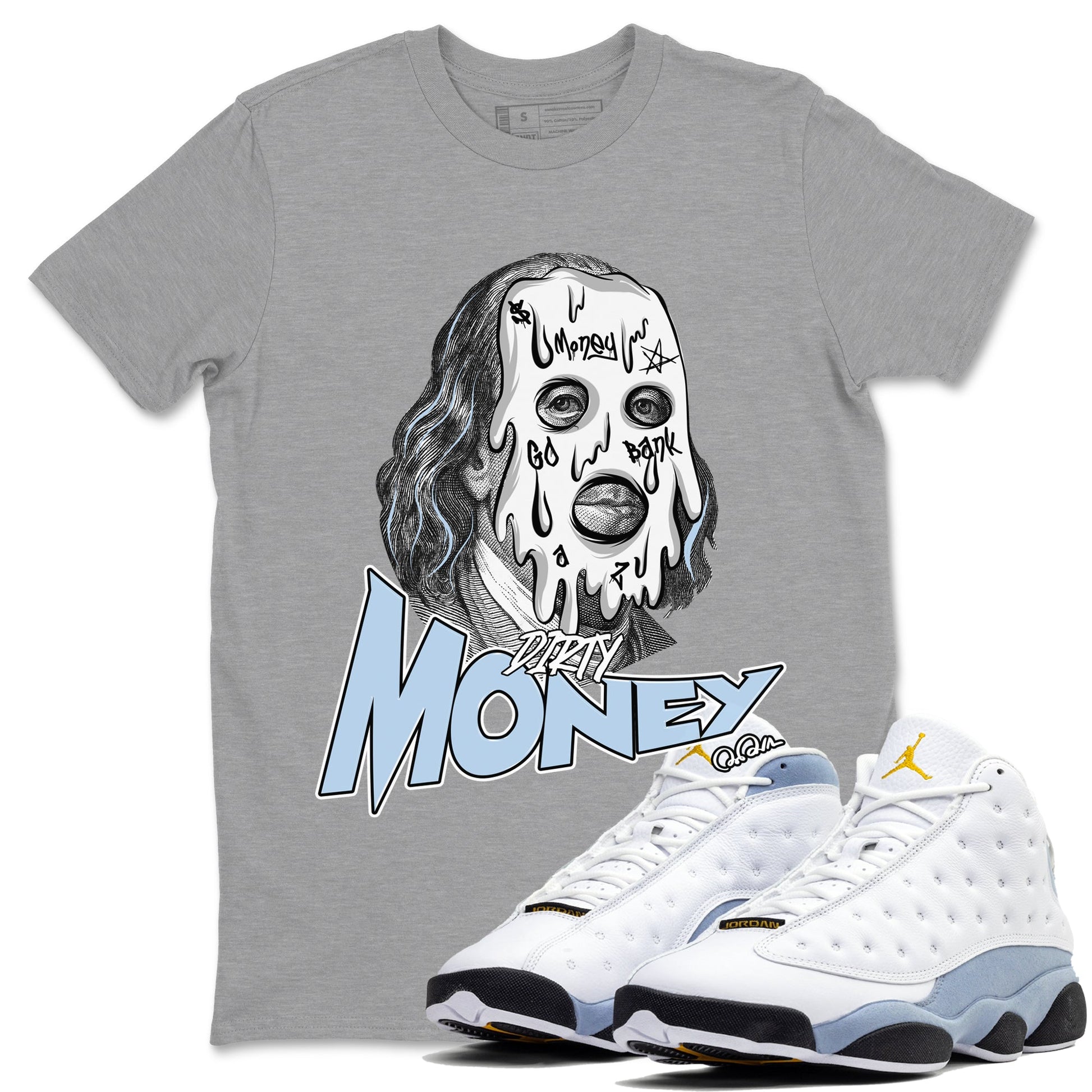 Air Jordan 13 Blue Grey shirt to match jordans Dirty Money sneaker tees AJ13 Blue Grey SNRT Sneaker Release Tees unisex cotton Heather Grey 1 crew neck shirt