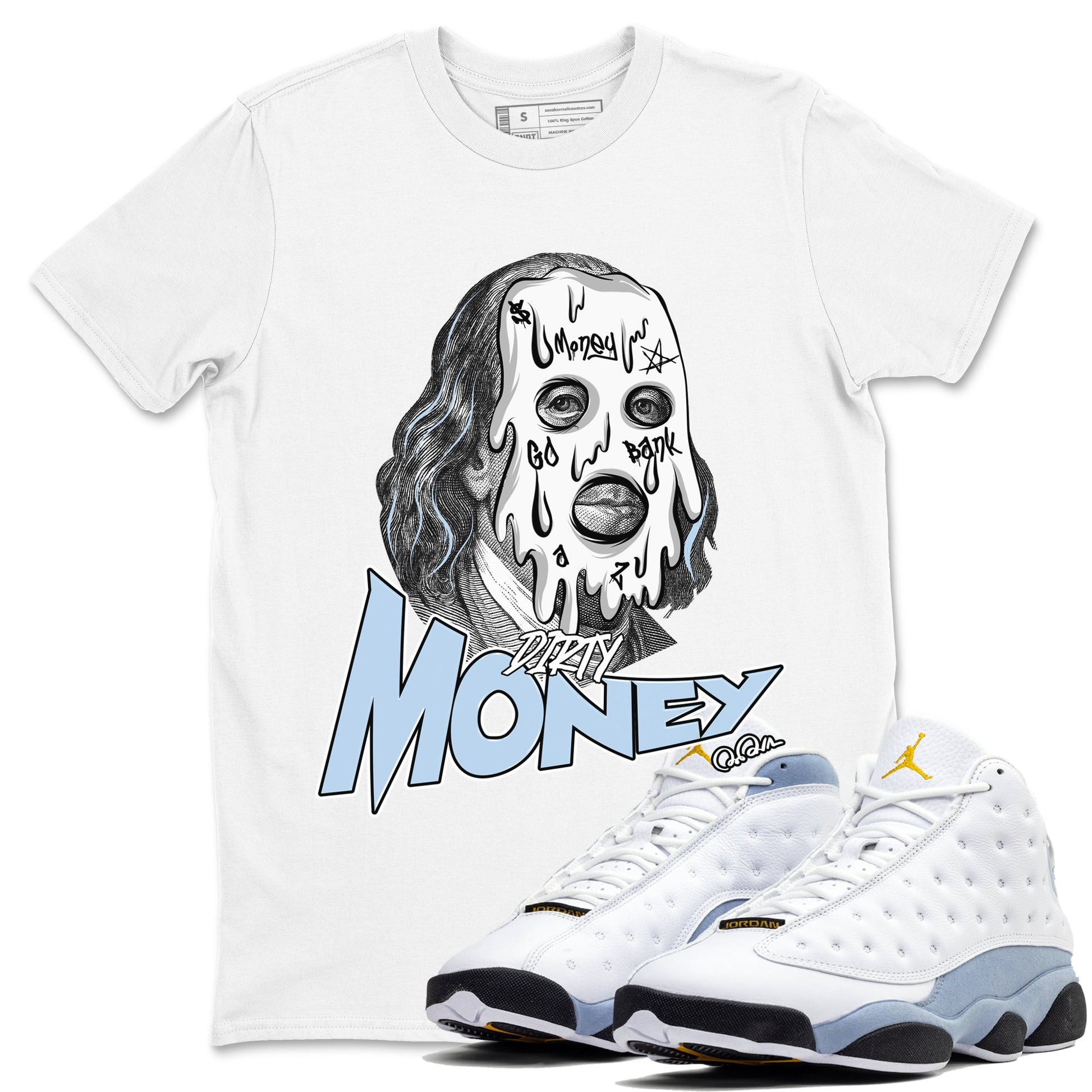Air Jordan 13 Blue Grey shirt to match jordans Dirty Money sneaker tees AJ13 Blue Grey SNRT Sneaker Release Tees unisex cotton White 1 crew neck shirt