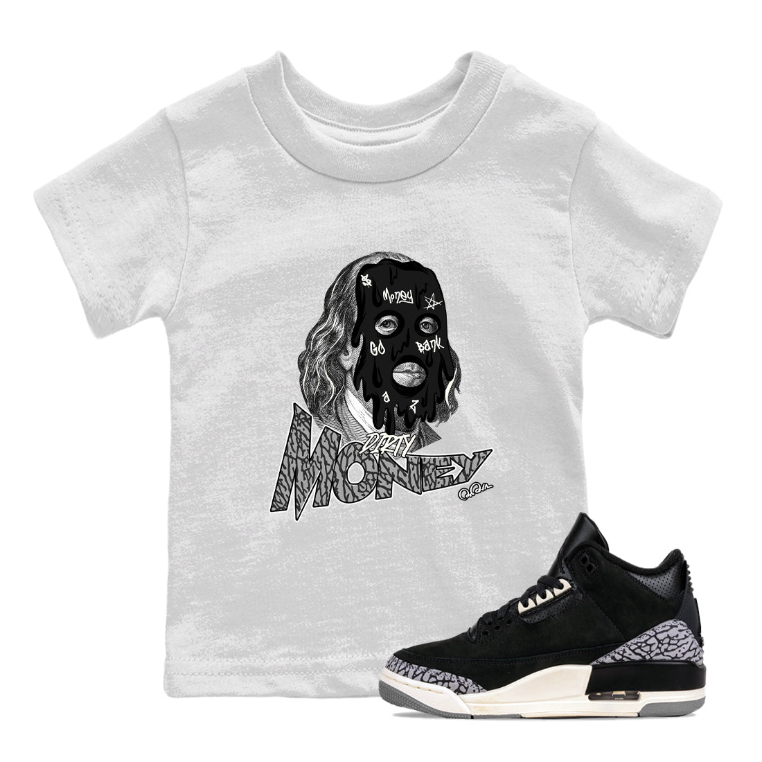 Air Jordan 3 Off Noir shirt to match jordans Dirty Money sneaker tees AJ3 Off Noir SNRT Sneaker Release Tees Baby Toddler White 1 T-Shirt