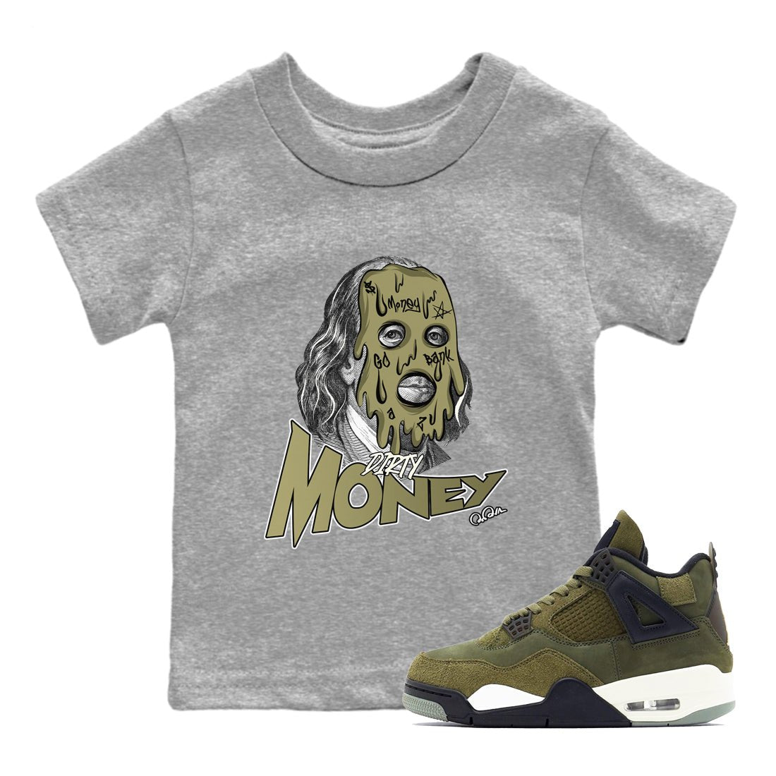 Air Jordan 4 Medium Olive shirt to match jordans Dirty Money sneaker tees AJ4Medium Olive SNRT Sneaker Release Tees Baby Toddler Heather Grey 1 T-Shirt