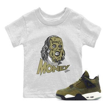 Air Jordan 4 Medium Olive shirt to match jordans Dirty Money sneaker tees AJ4Medium Olive SNRT Sneaker Release Tees Baby Toddler White 1 T-Shirt
