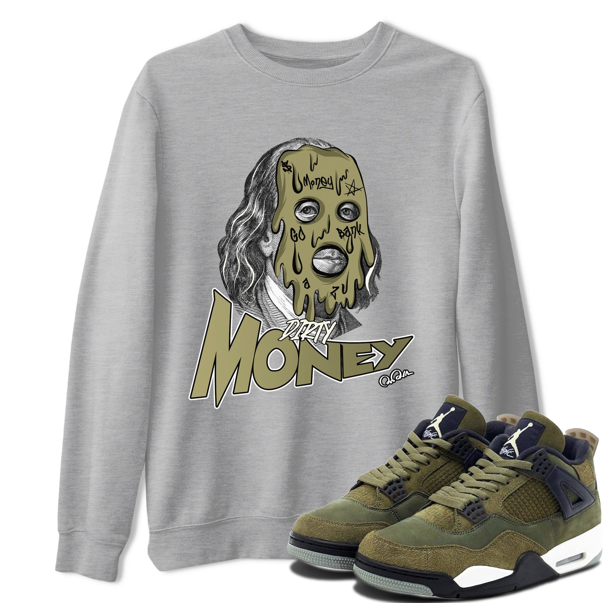 Air Jordan 4 Medium Olive shirt to match jordans Dirty Money sneaker tees AJ4Medium Olive SNRT Sneaker Release Tees Unisex Heather Grey 1 T-Shirt