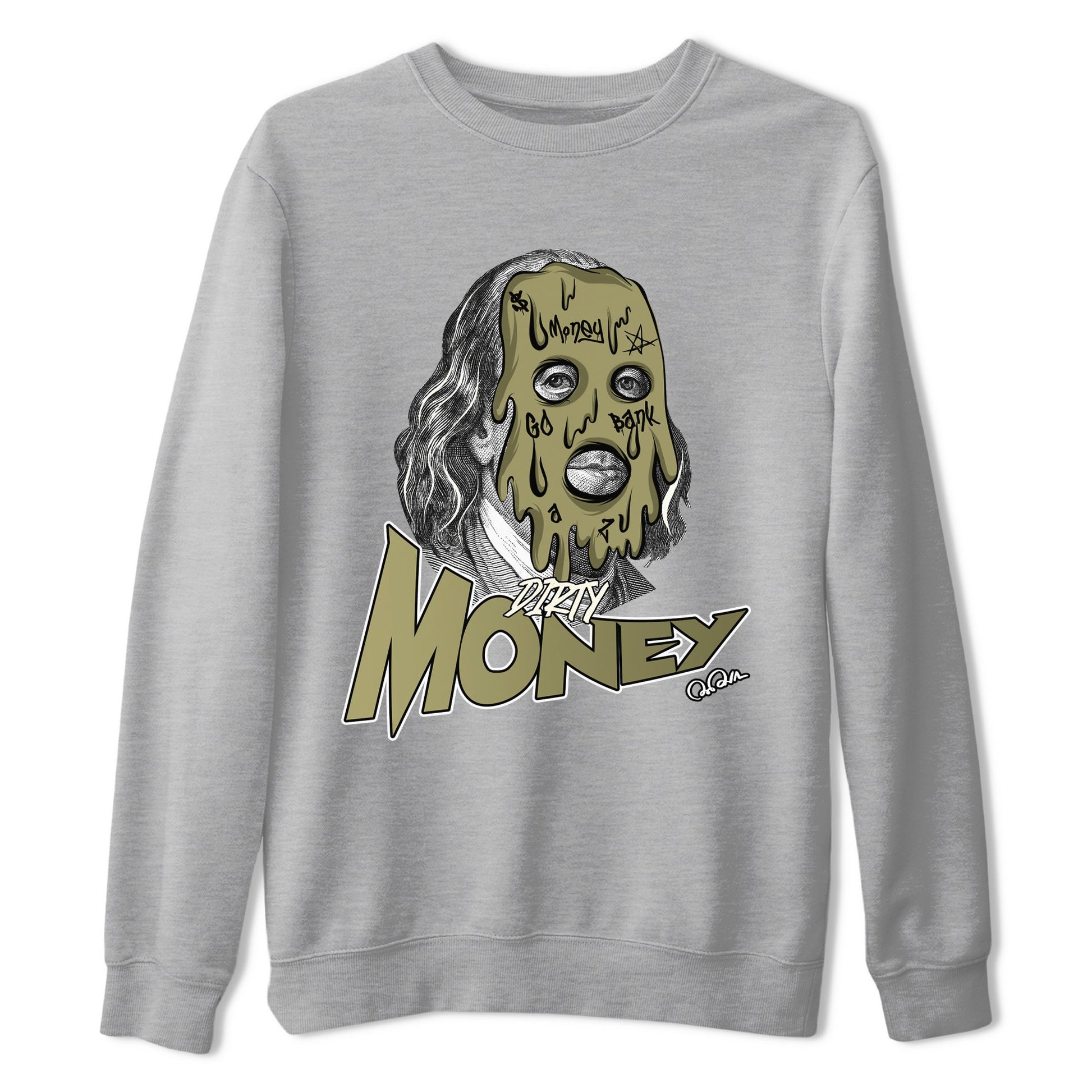 Air Jordan 4 Medium Olive shirt to match jordans Dirty Money sneaker tees AJ4Medium Olive SNRT Sneaker Release Tees Unisex Heather Grey 2 T-Shirt