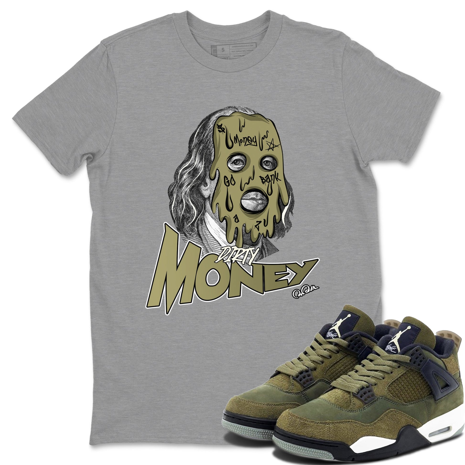 Air Jordan 4 Medium Olive shirt to match jordans Dirty Money sneaker tees AJ4Medium Olive SNRT Sneaker Release Tees Unisex Heather Grey 1 T-Shirt