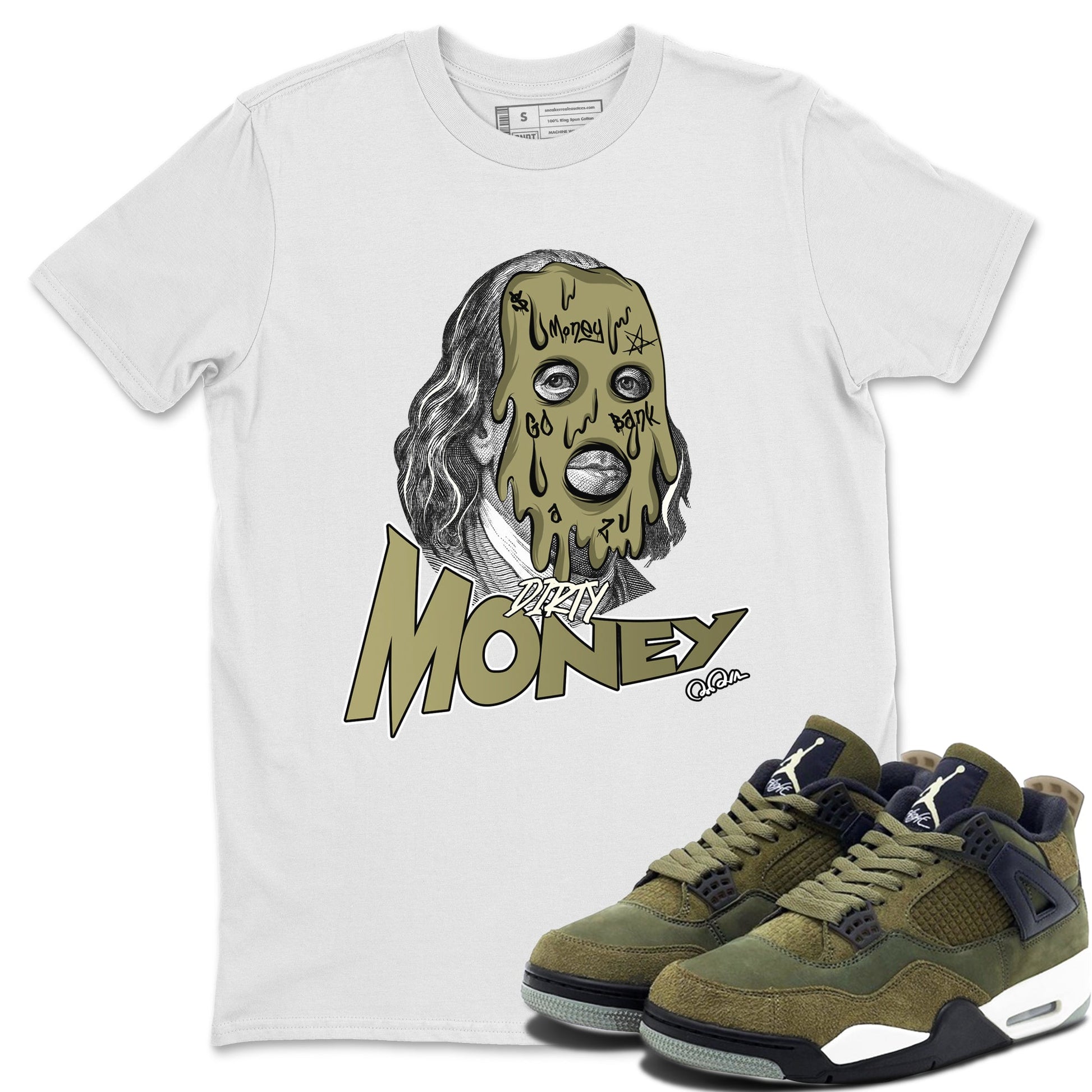 Air Jordan 4 Medium Olive shirt to match jordans Dirty Money sneaker tees AJ4Medium Olive SNRT Sneaker Release Tees Unisex White 1 T-Shirt