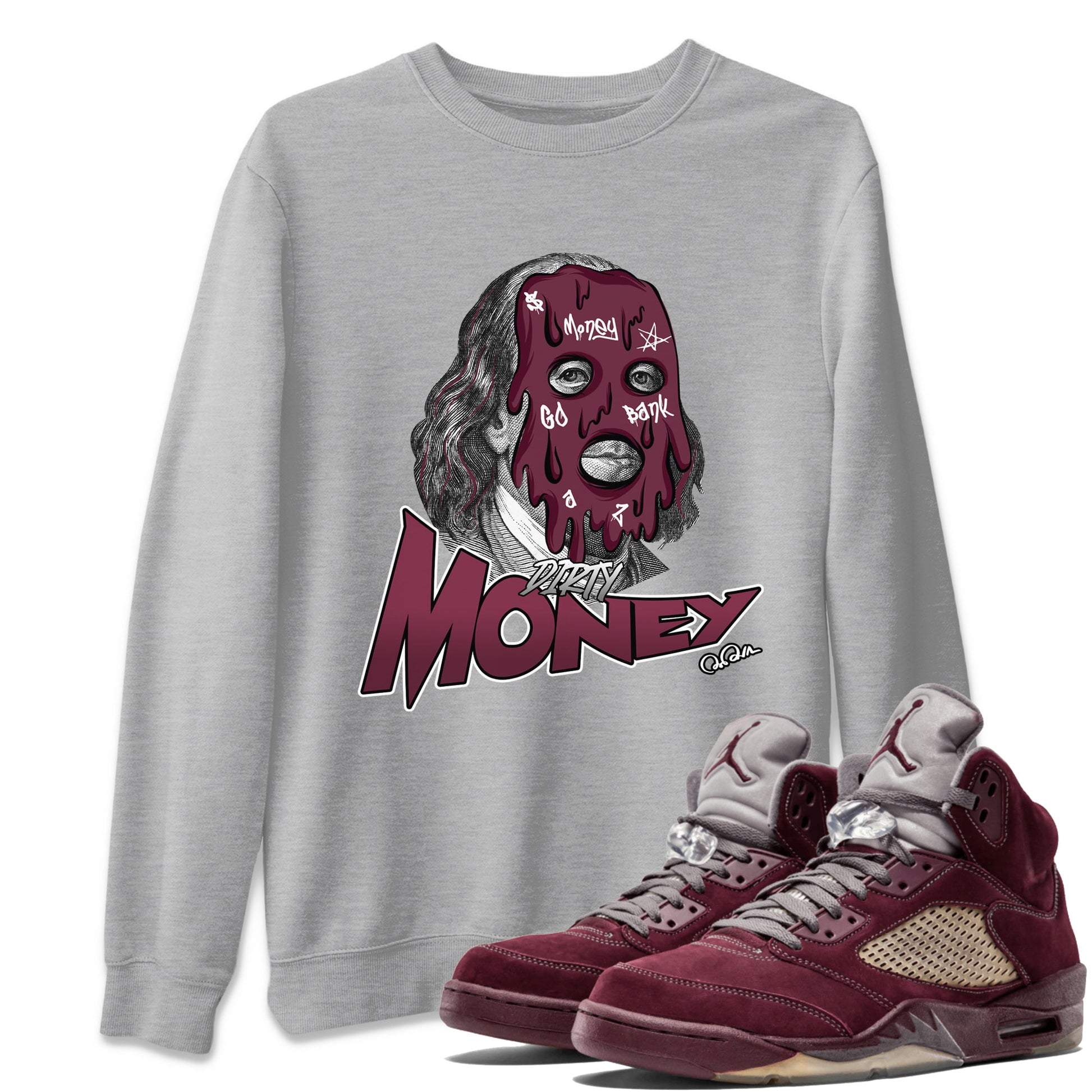 Air Jordan 5 Burgundy Sneaker Match Tees Dirty Money Sneaker Tees AJ5 Burgundy Sneaker Release Tees Unisex Shirts Heather Grey 1