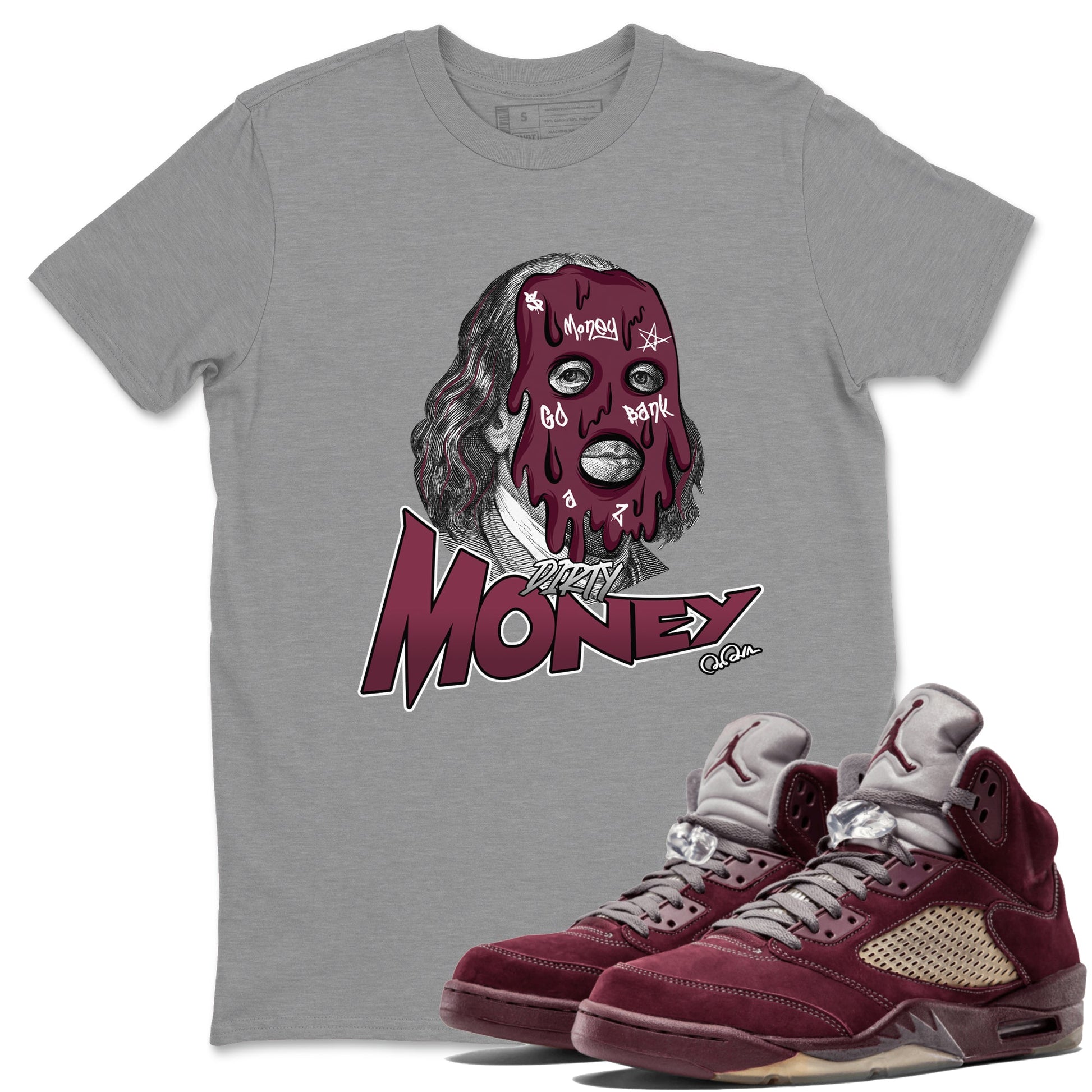 Air Jordan 5 Burgundy Sneaker Match Tees Dirty Money Sneaker Tees AJ5 Burgundy Sneaker Release Tees Unisex Shirts Heather Grey 1