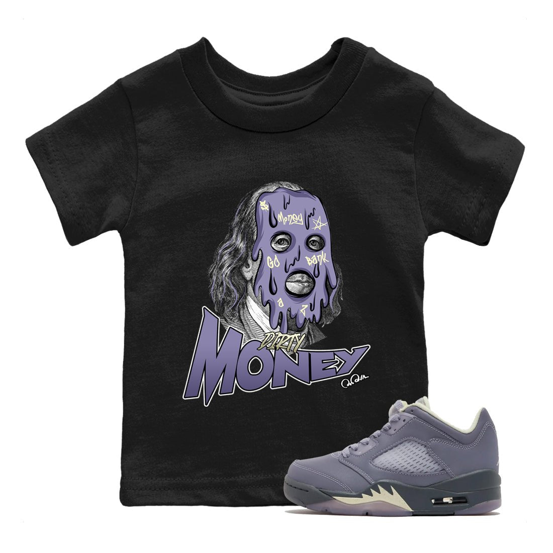 Air Jordan 5 Indigo Haze Sneaker Match Tees Dirty Money Sneaker Tees AJ5 Indigo Haze Sneaker Release Tees Kids Shirts Black 1