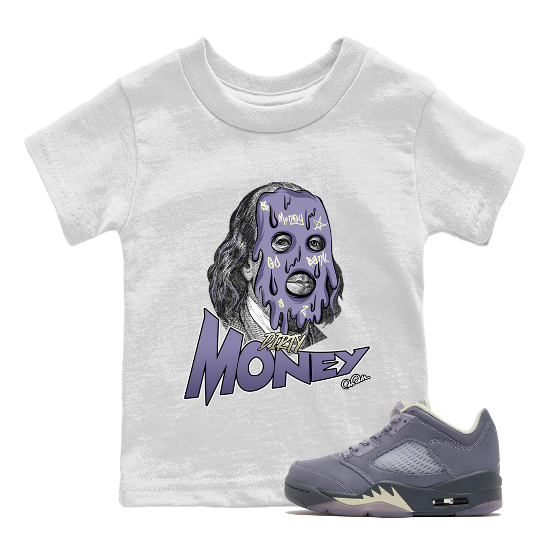 Air Jordan 5 Indigo Haze Sneaker Match Tees Dirty Money Sneaker Tees AJ5 Indigo Haze Sneaker Release Tees Kids Shirts White 1