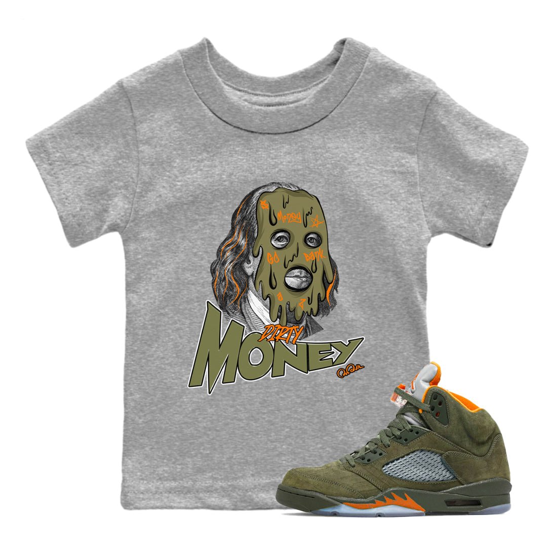 5s Olive shirt to match jordans Dirty Money sneaker tees Air Jordan 5 Olive SNRT sneaker release tees baby toddler Heather Grey 1 cotton Shirt